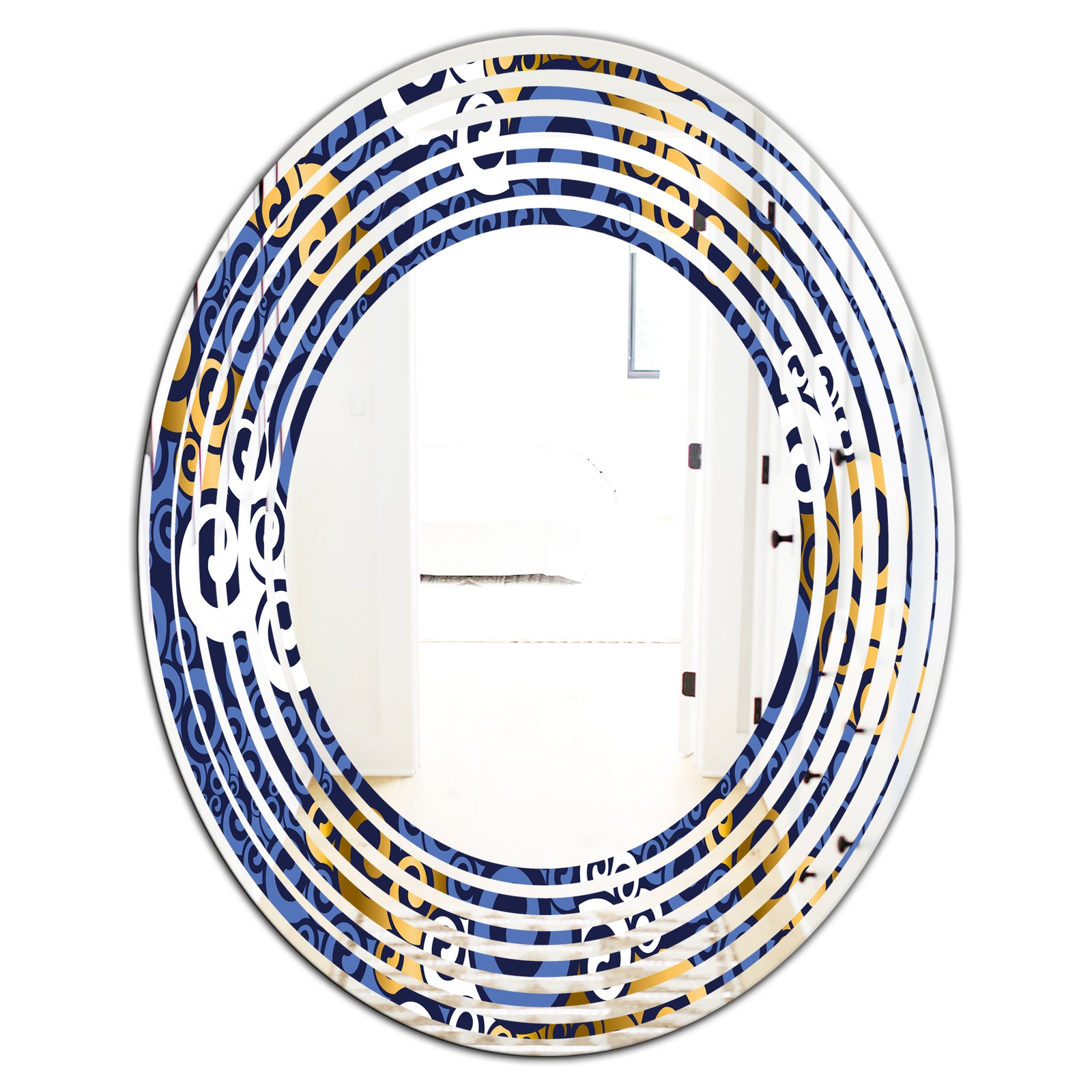 Retro Luxury Waves In Gold and Blue III - Modern Round or Oval Wall Mirror - Wave