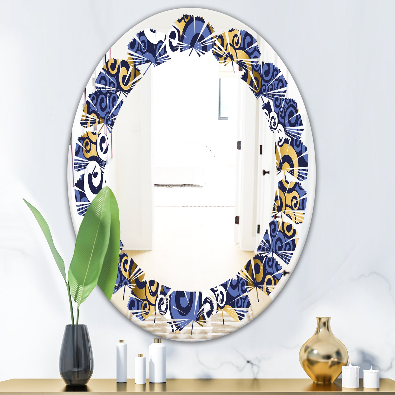 Retro Luxury Waves In Gold and Blue III - Modern Round or Oval Wall Mirror - Leaves