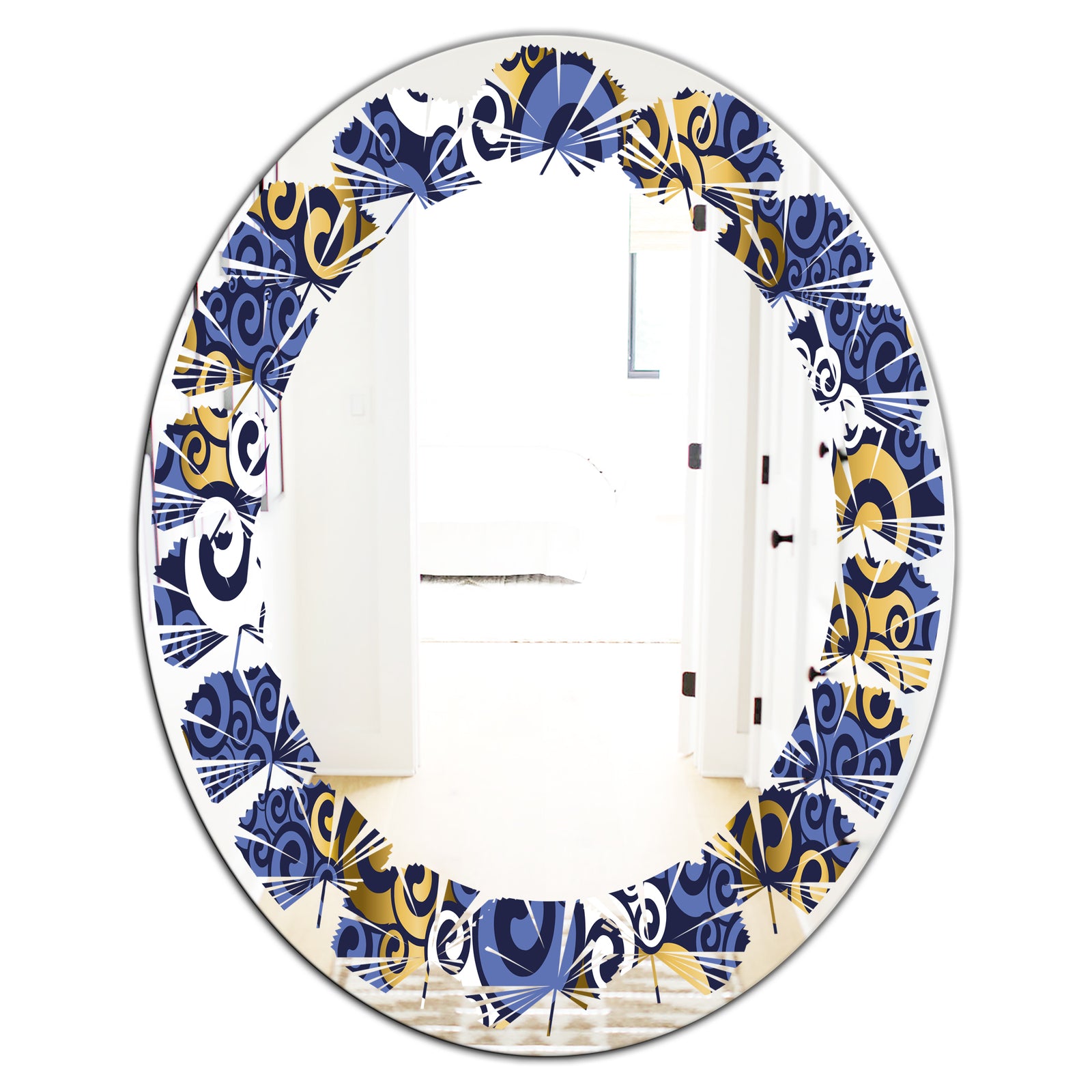 Retro Luxury Waves In Gold and Blue III - Modern Round or Oval Wall Mirror - Leaves