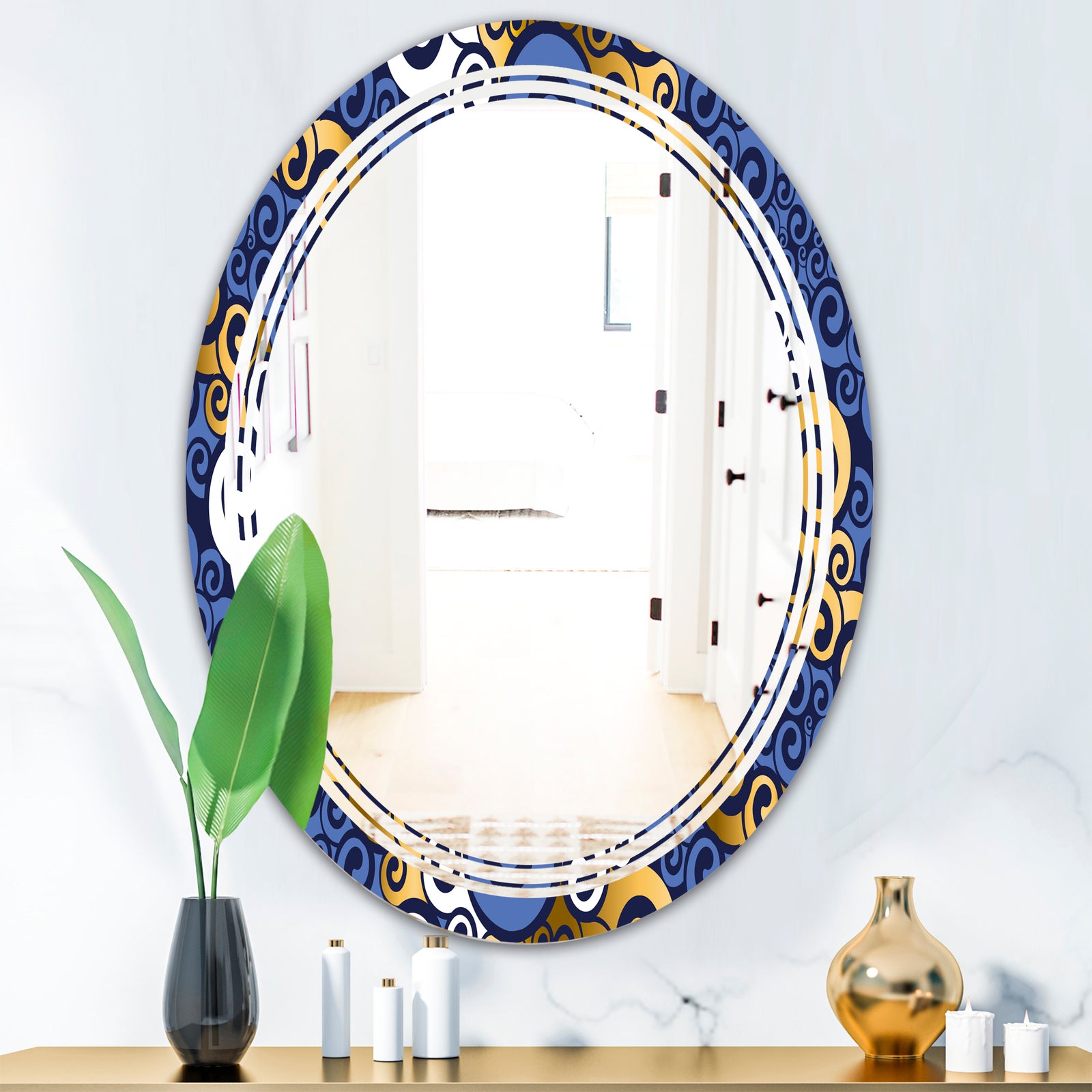 Retro Luxury Waves In Gold and Blue III - Modern Round or Oval Wall Mirror - Triple C