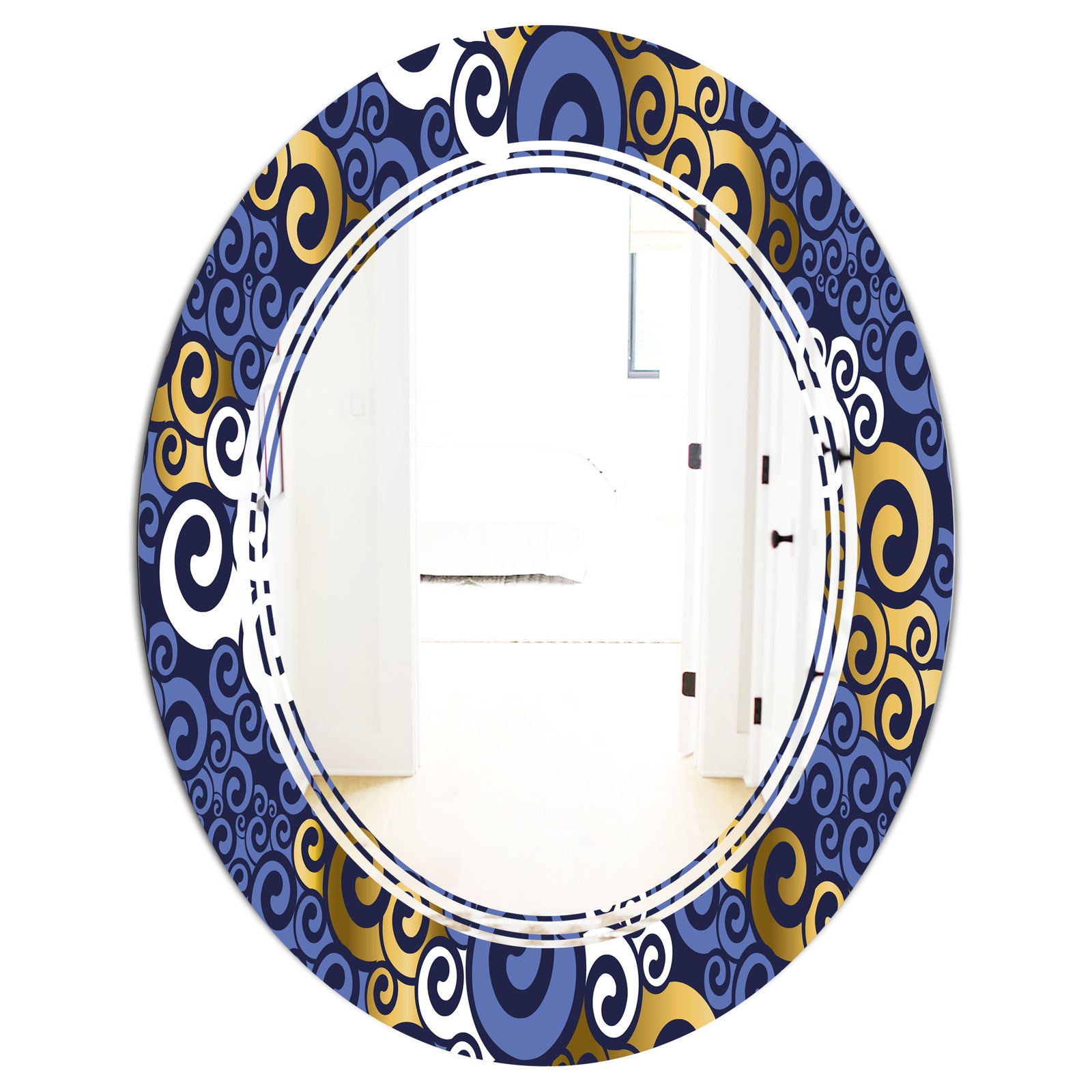 Retro Luxury Waves In Gold and Blue III - Modern Round or Oval Wall Mirror - Triple C
