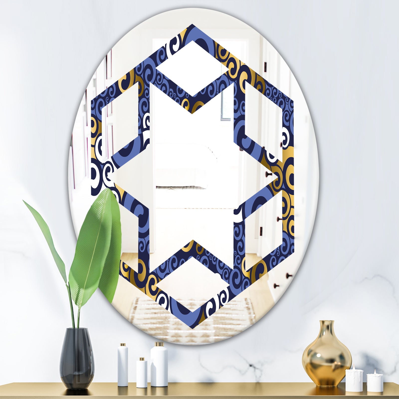 Retro Luxury Waves In Gold and Blue III - Modern Round or Oval Wall Mirror - Hexagon Star