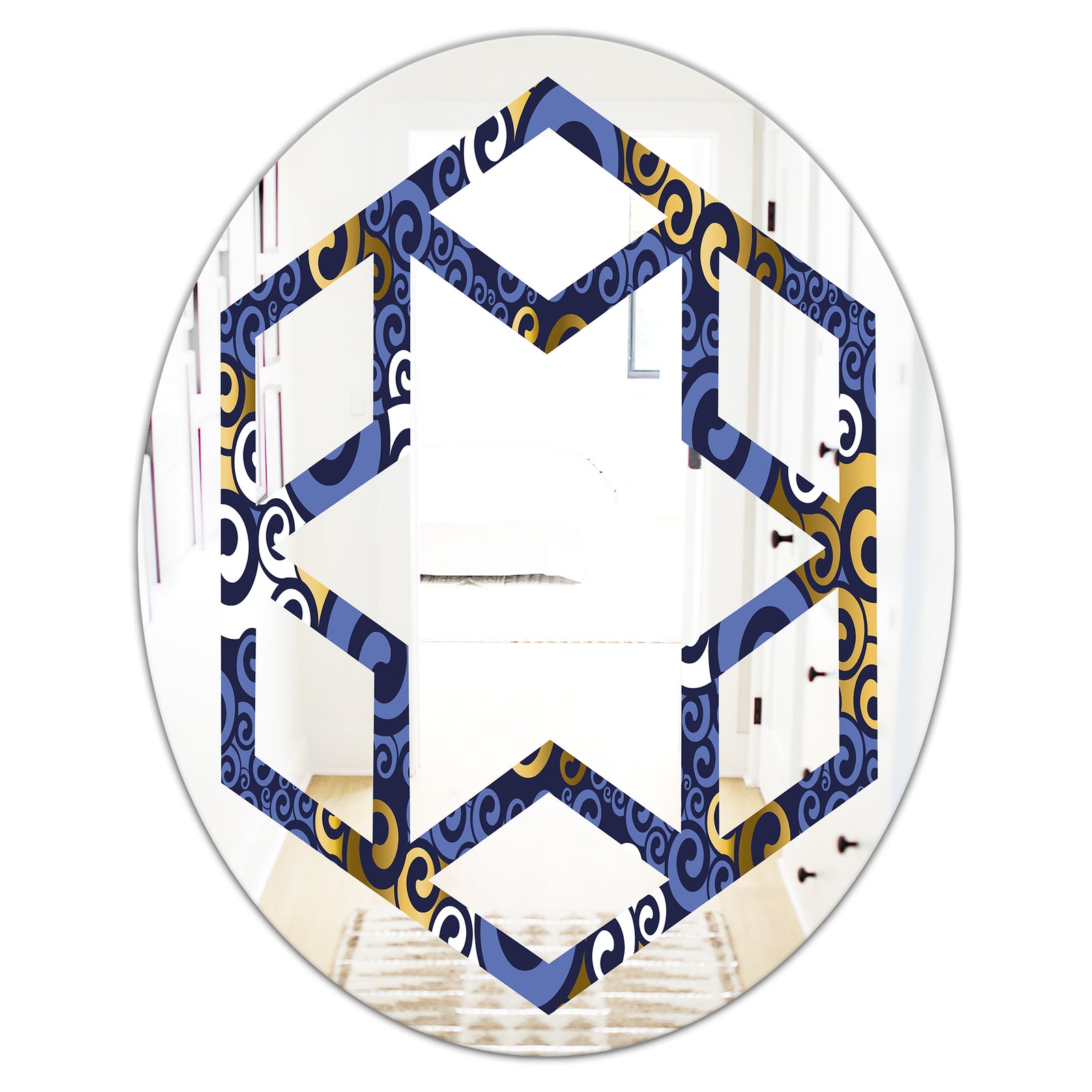Retro Luxury Waves In Gold and Blue III - Modern Round or Oval Wall Mirror - Hexagon Star
