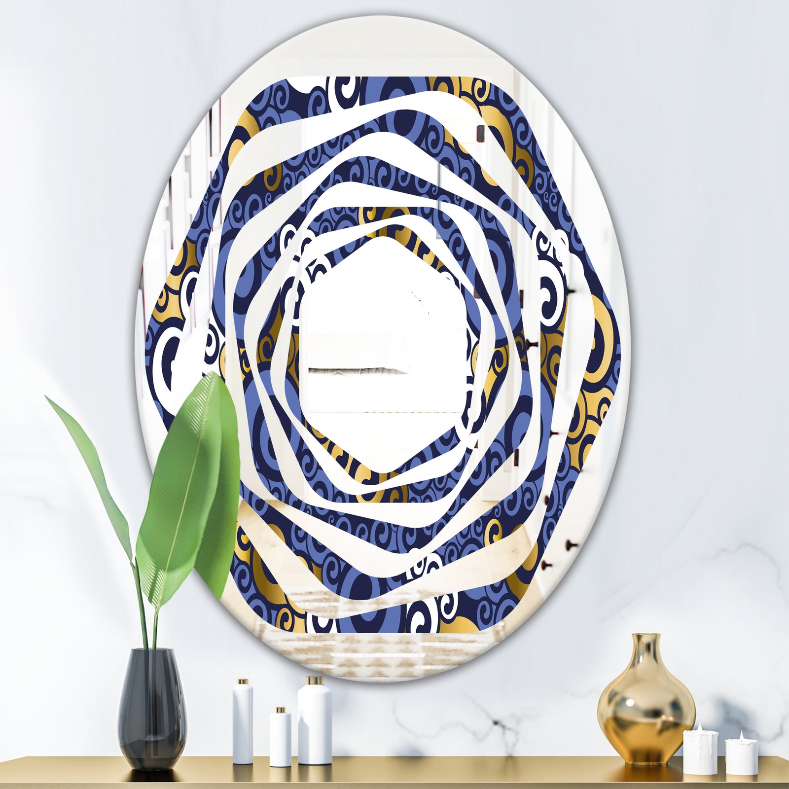 Retro Luxury Waves In Gold and Blue III - Modern Round or Oval Wall Mirror - Whirl