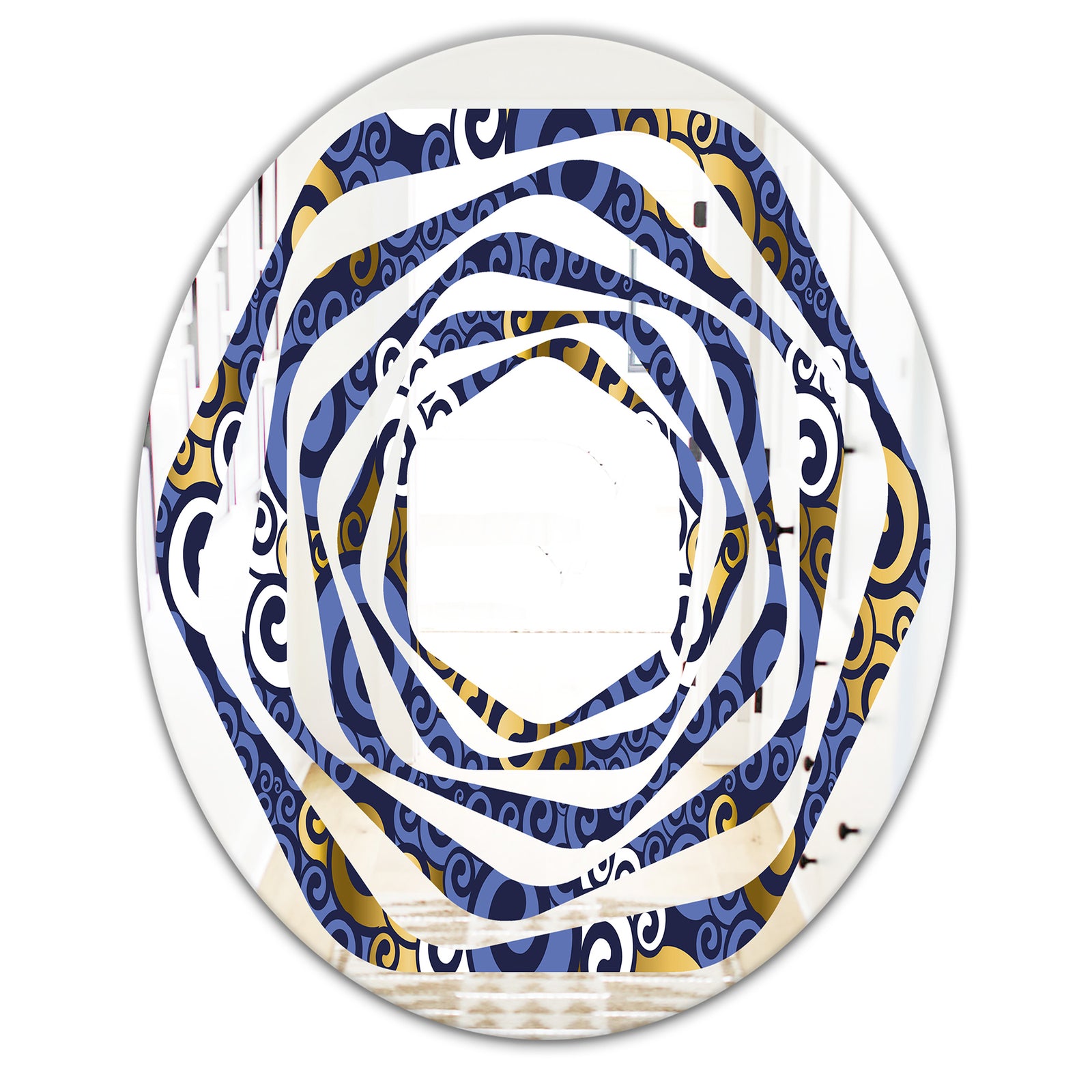 Retro Luxury Waves In Gold and Blue III - Modern Round or Oval Wall Mirror - Whirl