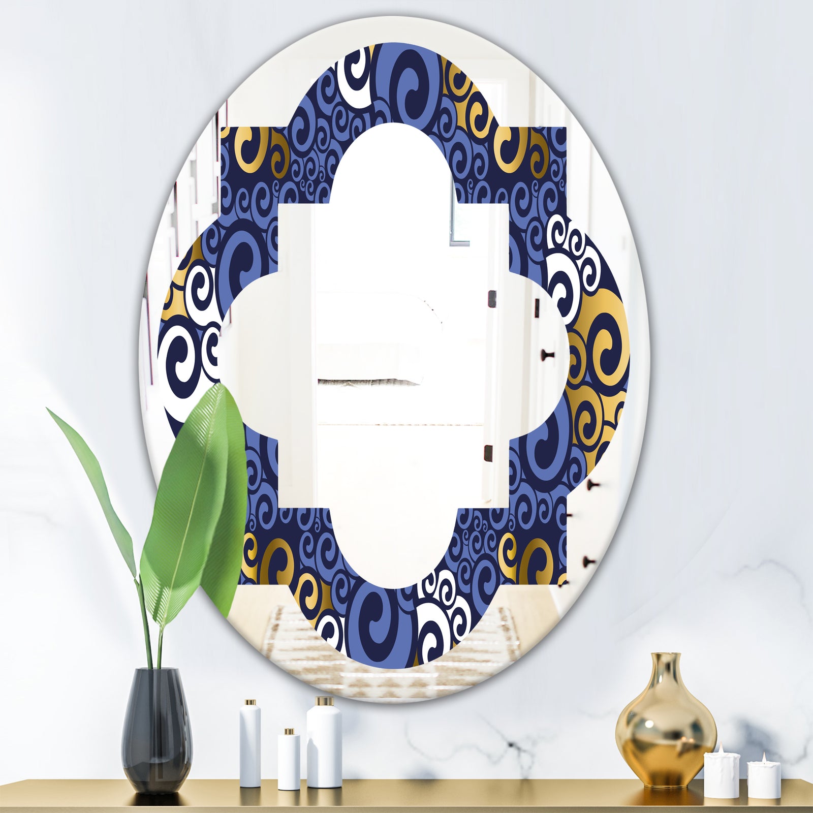 Retro Luxury Waves In Gold and Blue III - Modern Round or Oval Wall Mirror - Quatrefoil