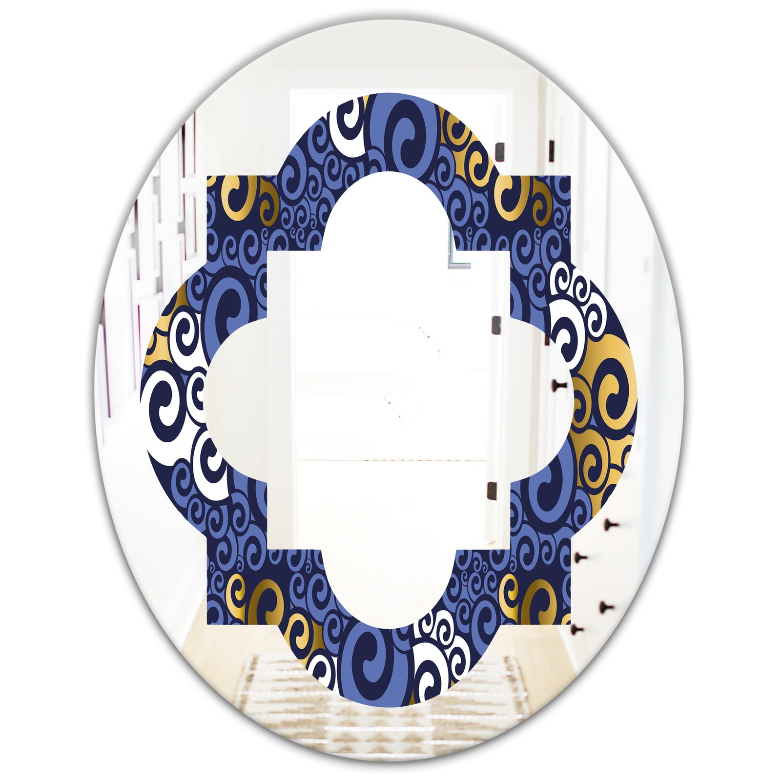 Retro Luxury Waves In Gold and Blue III - Modern Round or Oval Wall Mirror - Quatrefoil