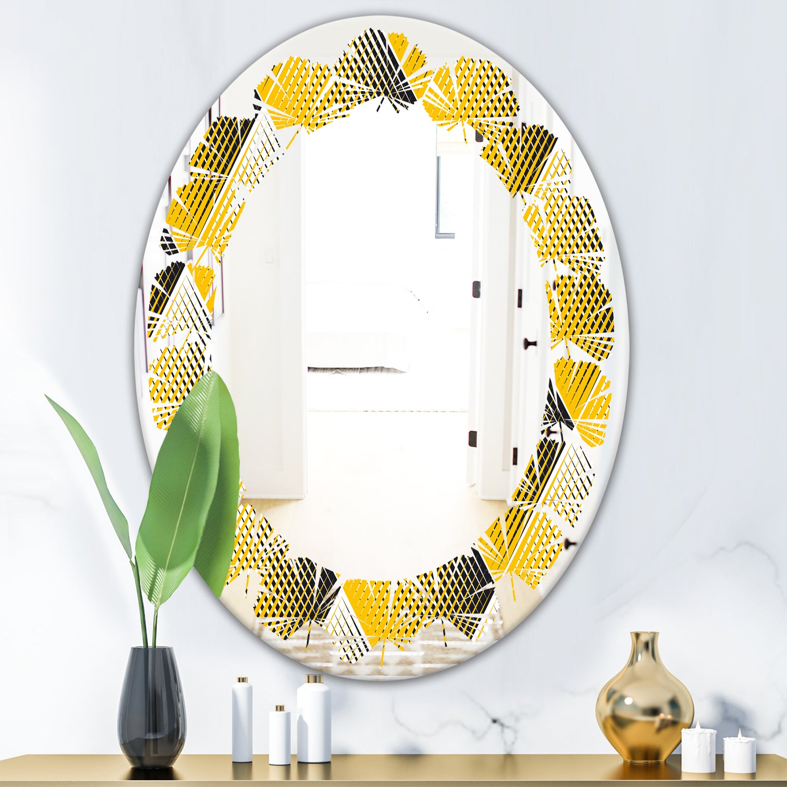 Rhombus Retro Geometric - Modern Round or Oval Wall Mirror - Leaves