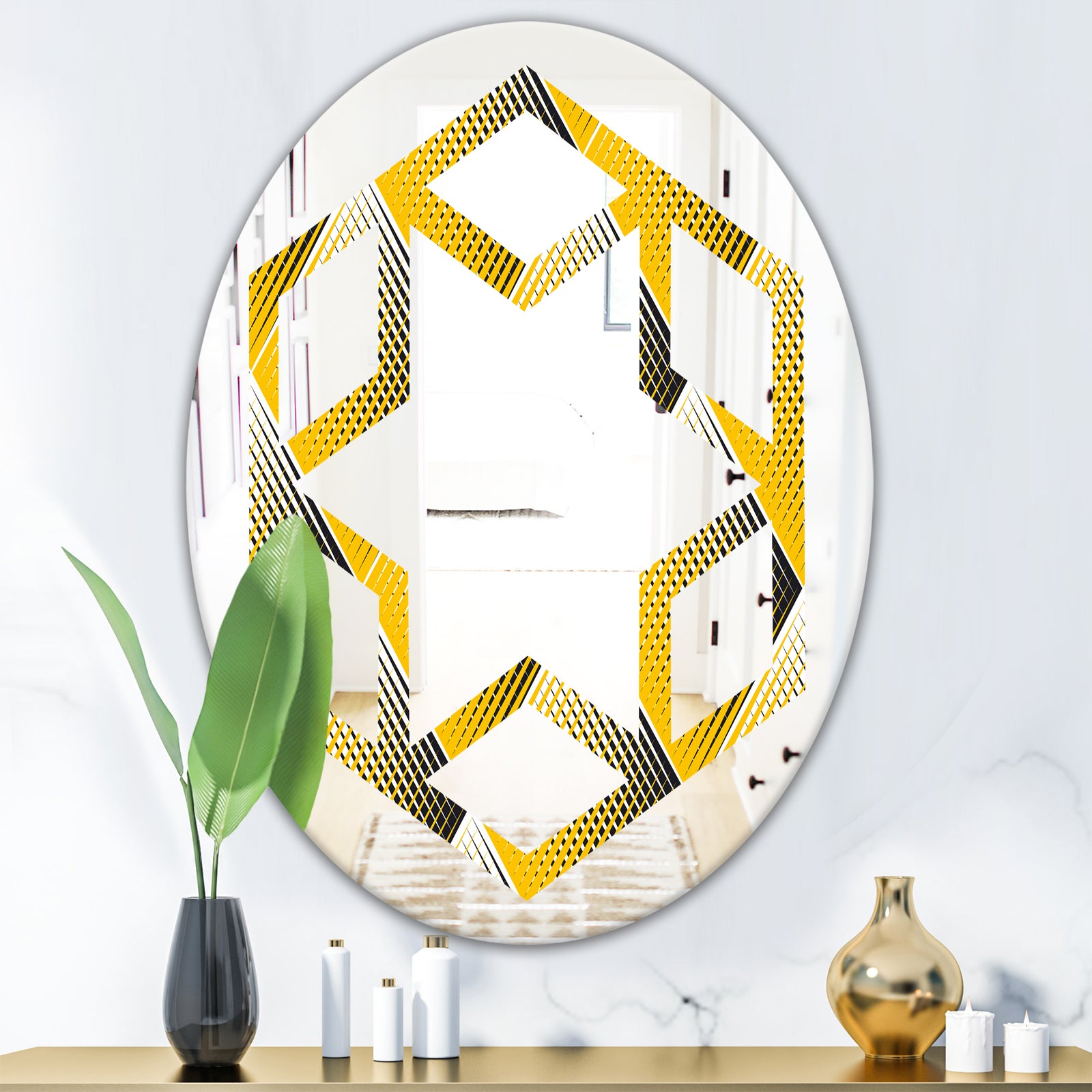 Rhombus Retro Geometric - Modern Round or Oval Wall Mirror - Hexagon Star