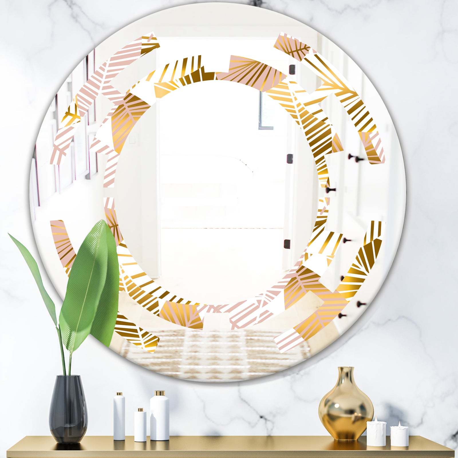 Golden Palm Leaves II - Modern Round or Oval Wall Mirror - Space