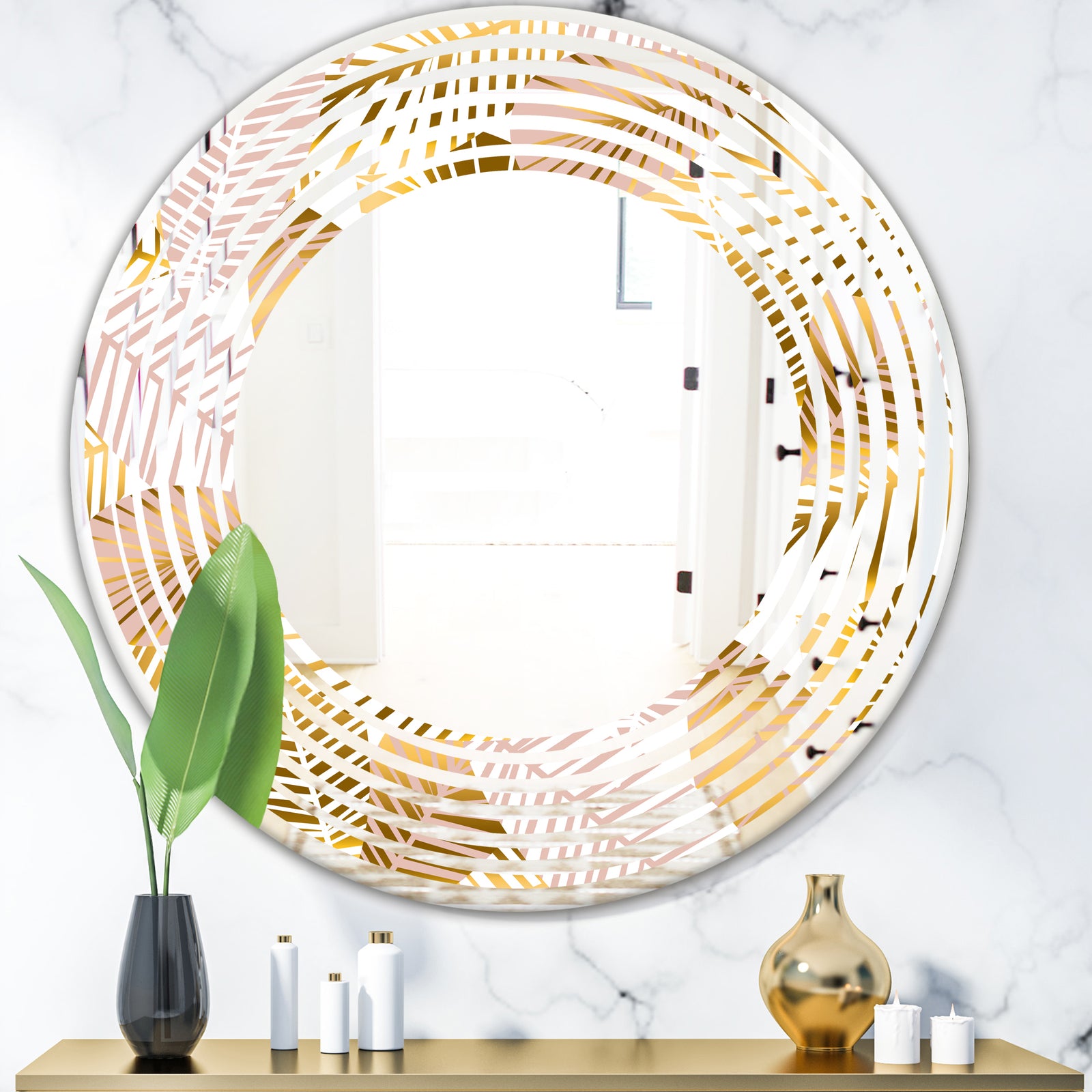 Golden Palm Leaves II - Modern Round or Oval Wall Mirror - Wave