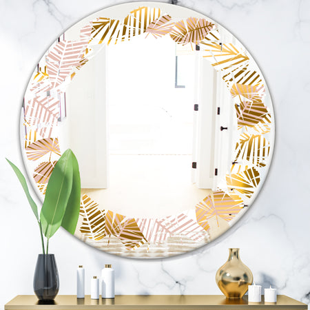 Golden Palm Leaves II - Modern Round or Oval Wall Mirror - Leaves