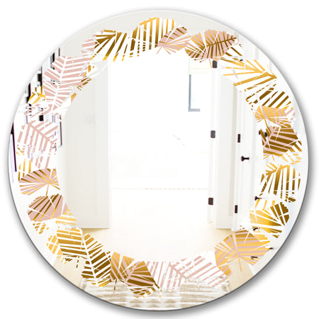 Golden Palm Leaves II - Modern Round or Oval Wall Mirror - Leaves