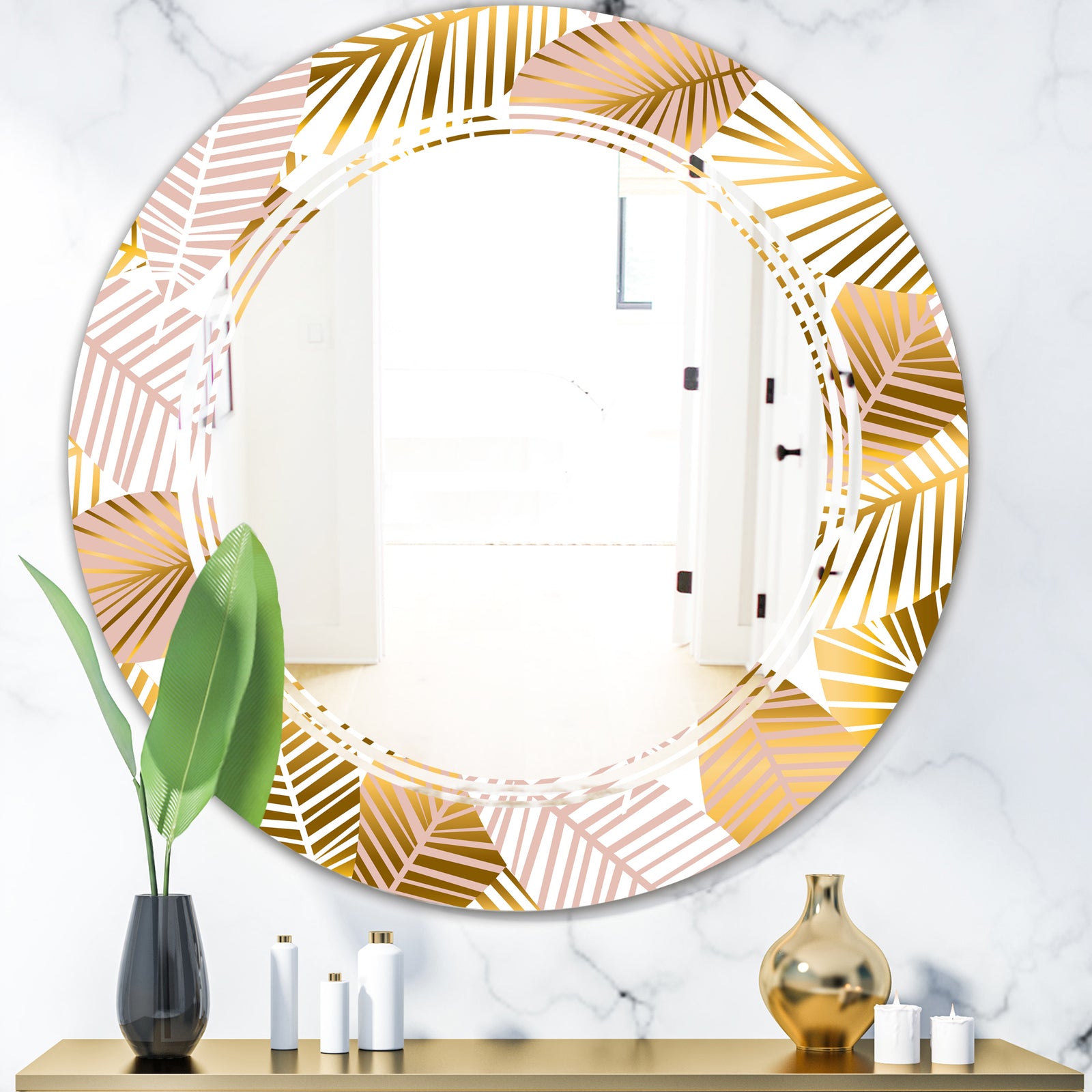 Golden Palm Leaves II - Modern Round or Oval Wall Mirror - Triple C