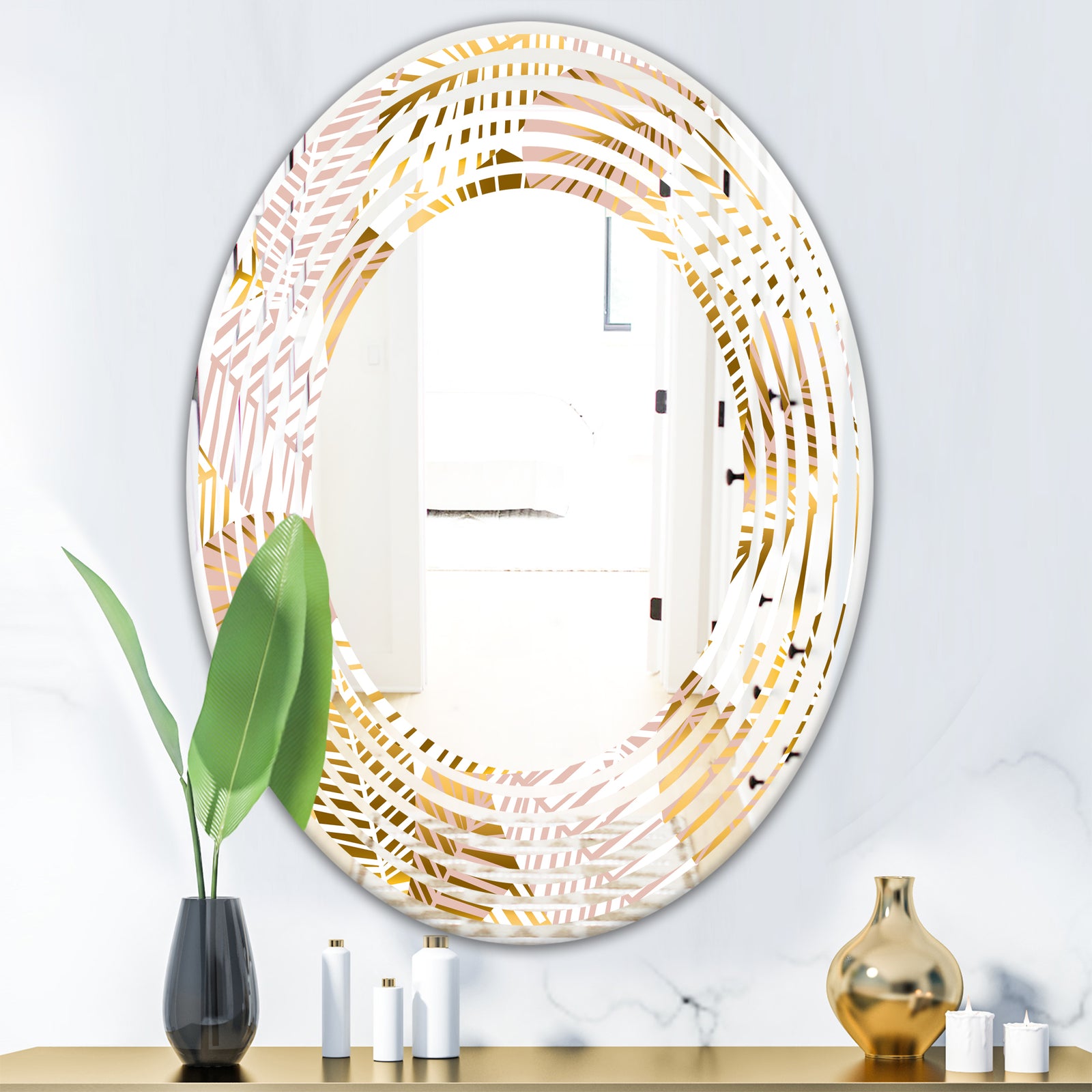 Golden Palm Leaves II - Modern Round or Oval Wall Mirror - Wave