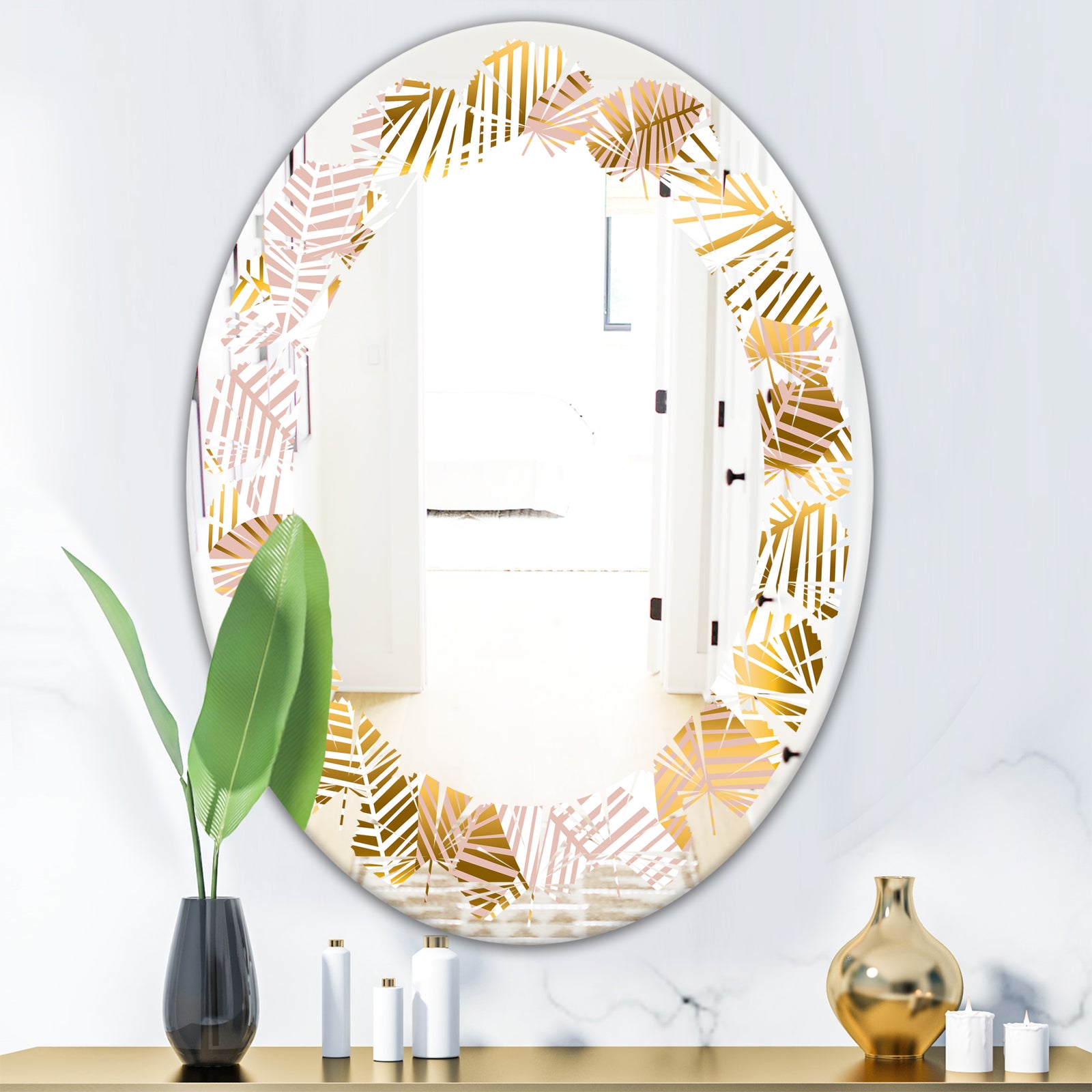 Golden Palm Leaves II - Modern Round or Oval Wall Mirror - Leaves