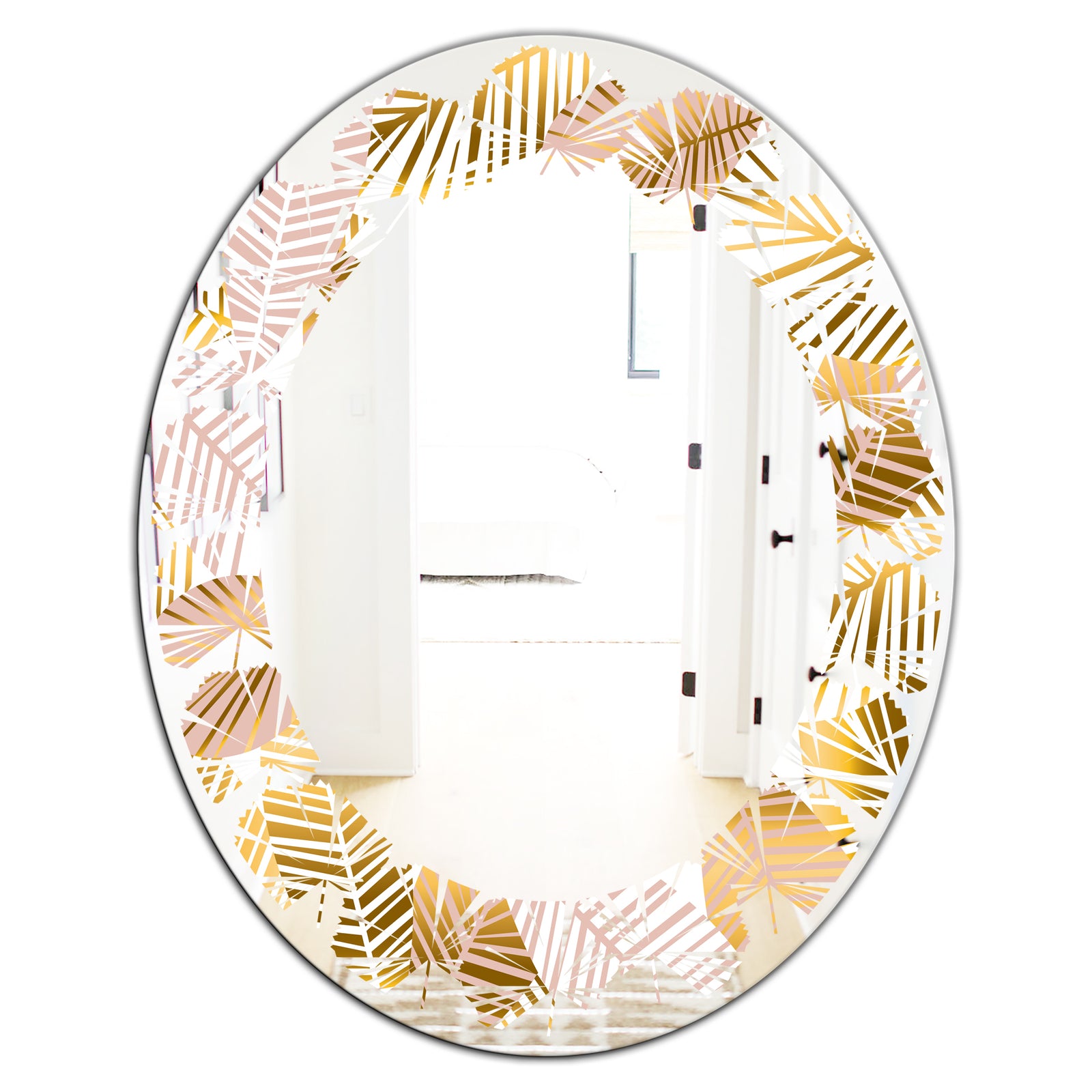 Golden Palm Leaves II - Modern Round or Oval Wall Mirror - Leaves