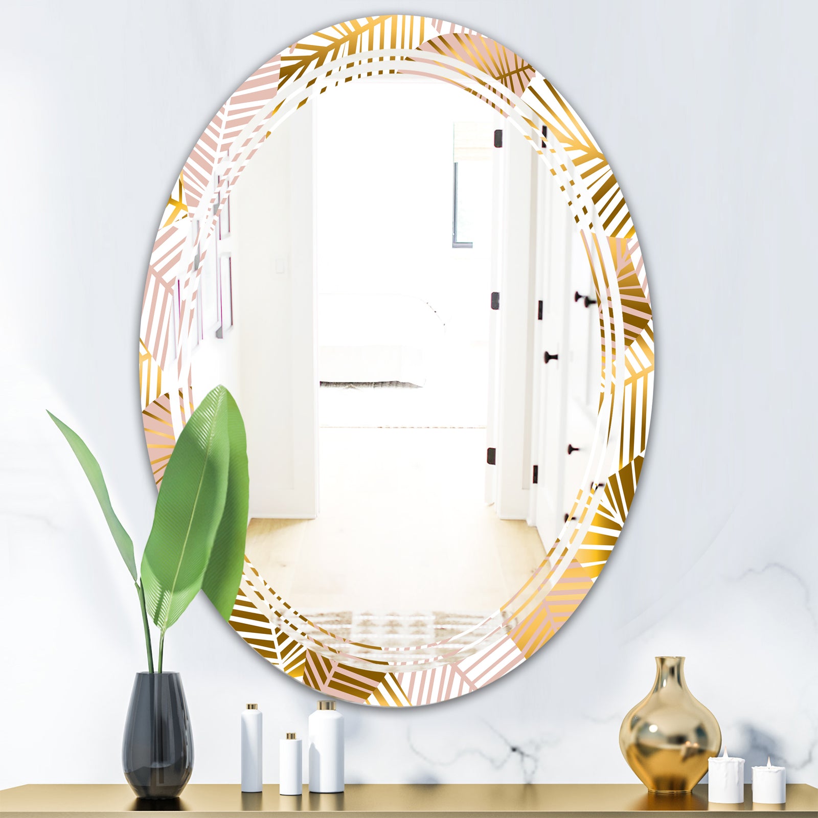 Golden Palm Leaves II - Modern Round or Oval Wall Mirror - Triple C