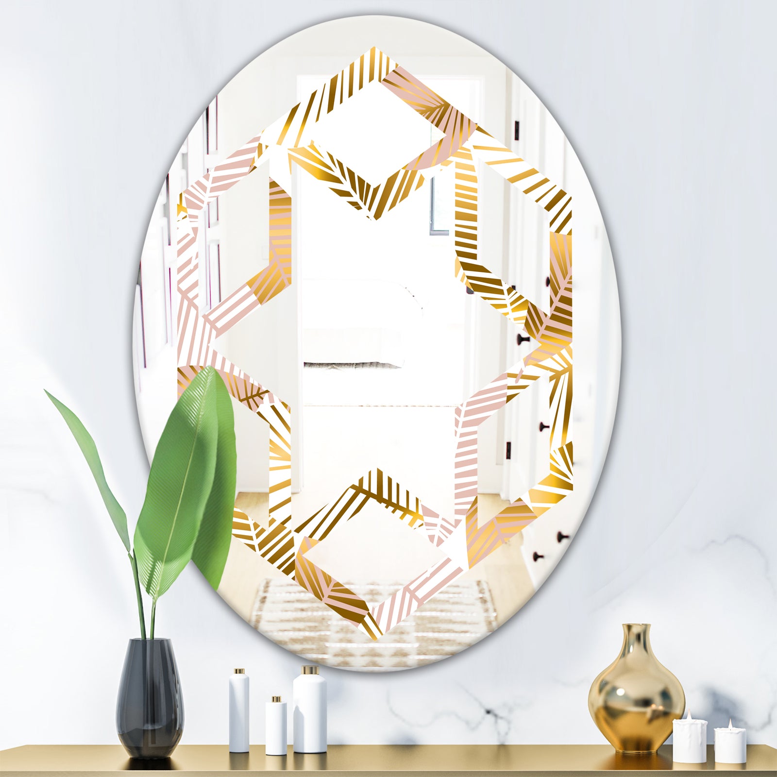 Golden Palm Leaves II - Modern Round or Oval Wall Mirror - Hexagon Star