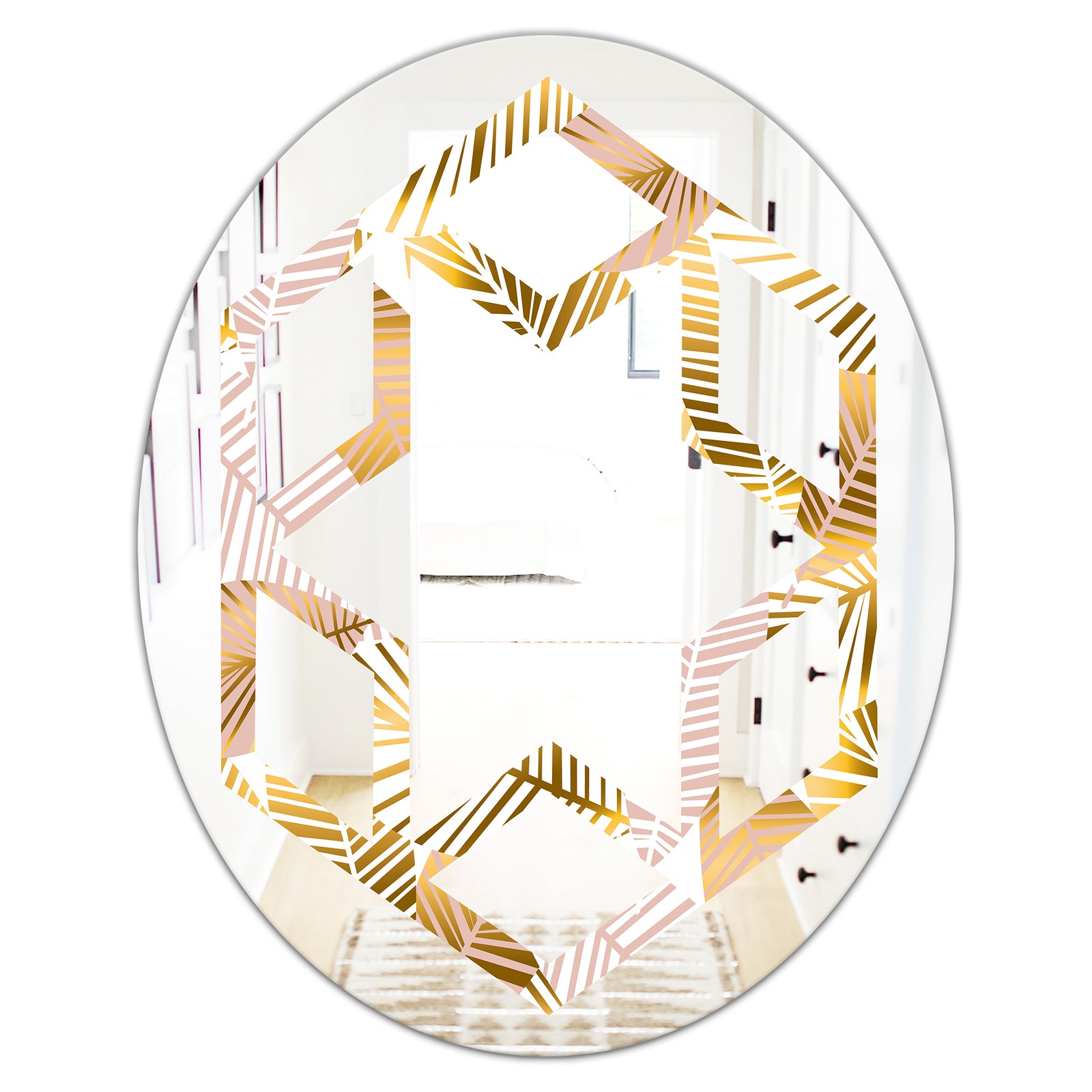 Golden Palm Leaves II - Modern Round or Oval Wall Mirror - Hexagon Star