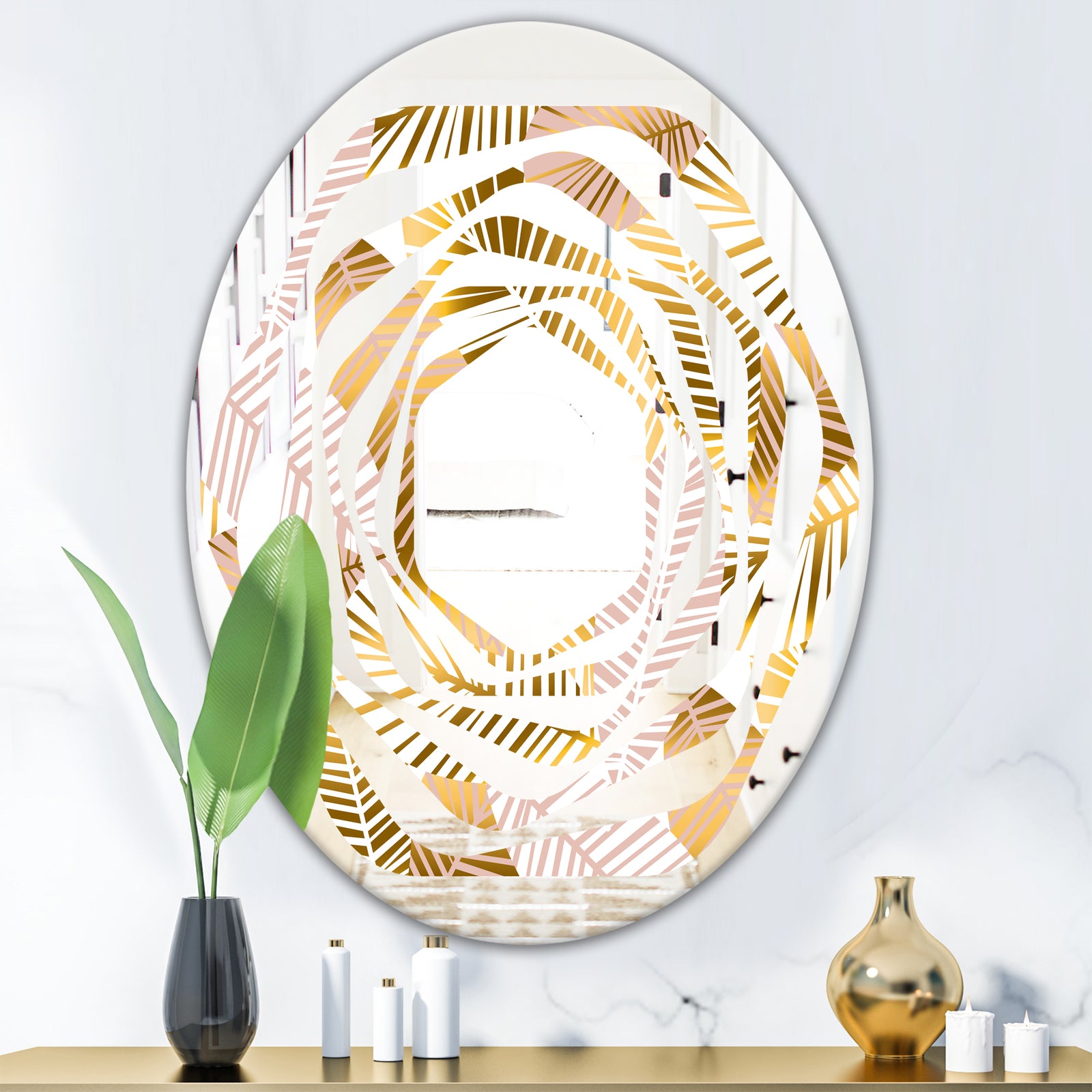 Golden Palm Leaves II - Modern Round or Oval Wall Mirror - Whirl