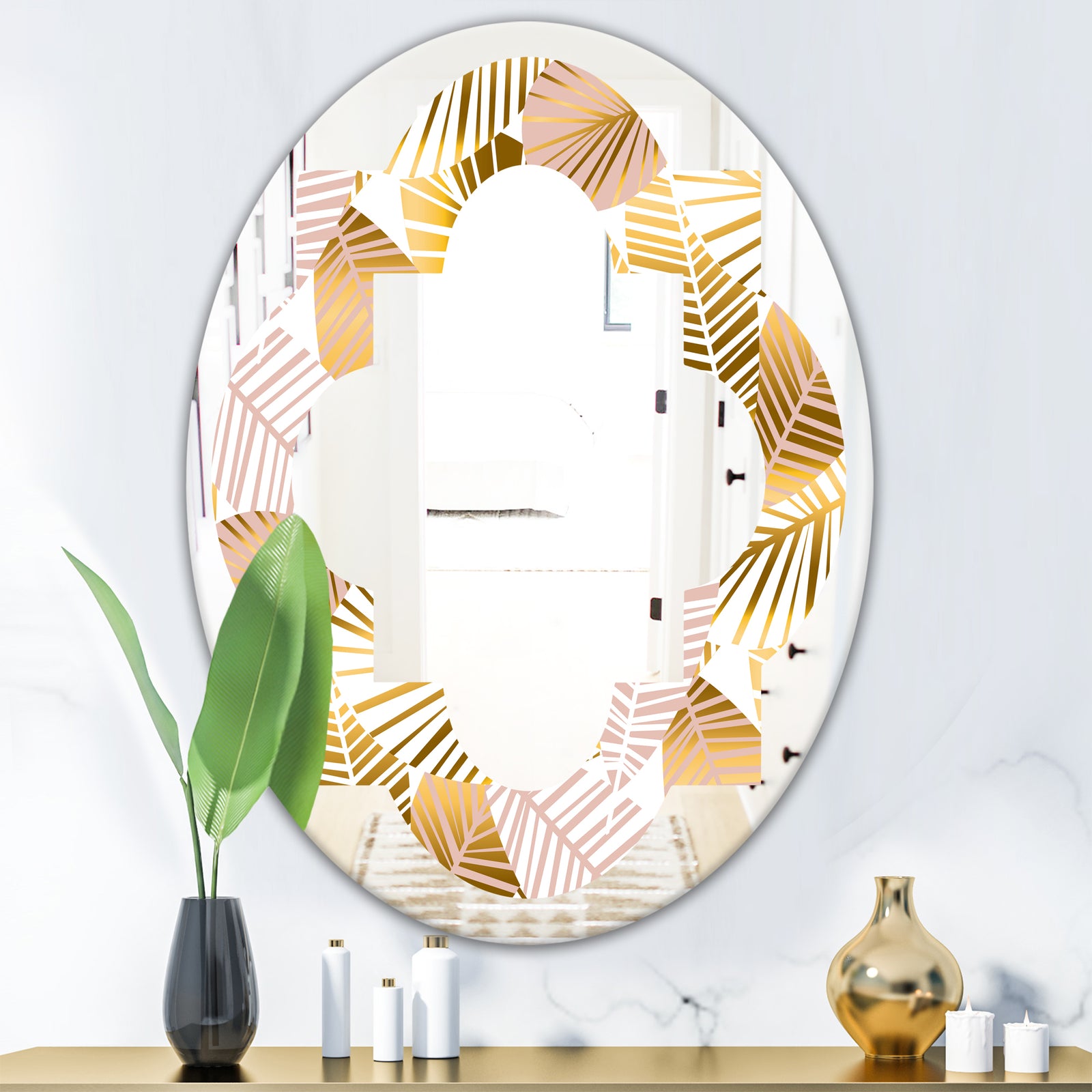 Golden Palm Leaves II - Modern Round or Oval Wall Mirror - Quatrefoil