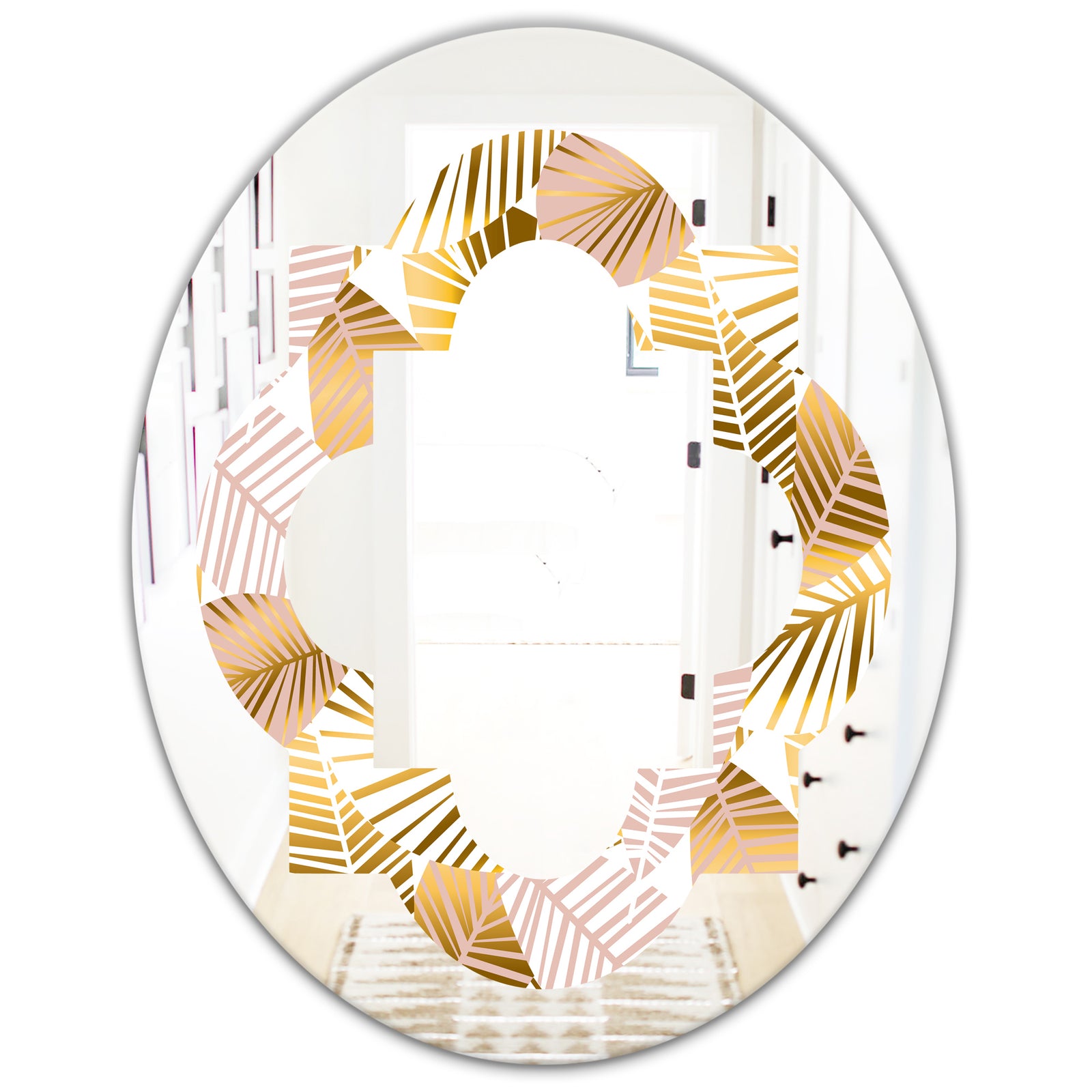 Golden Palm Leaves II - Modern Round or Oval Wall Mirror - Quatrefoil