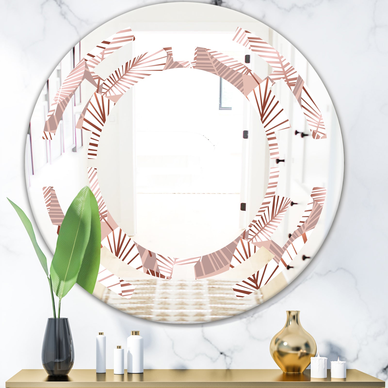 Golden Tropical Pattern IV - Modern Round or Oval Wall Mirror - Space