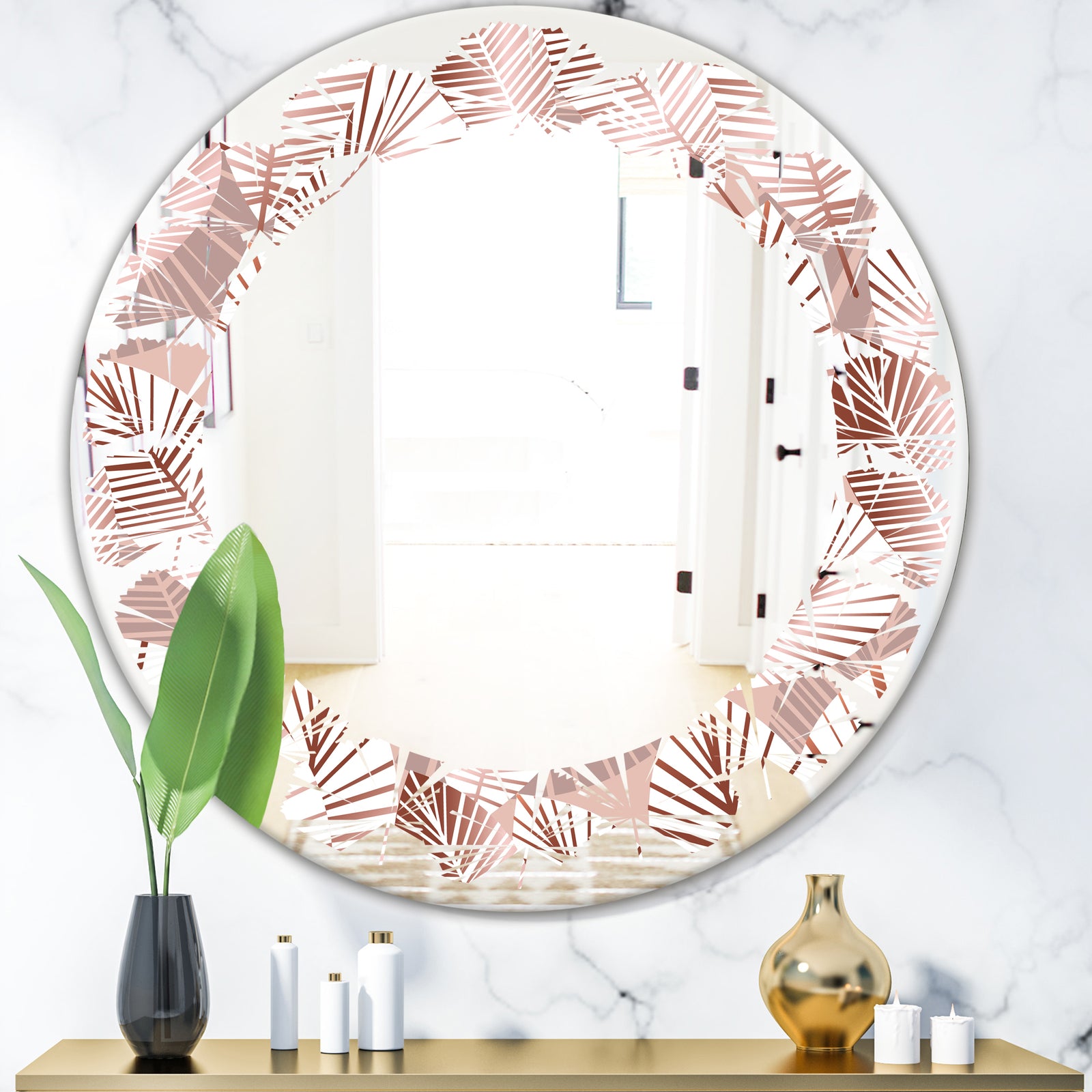 Golden Tropical Pattern IV - Modern Round or Oval Wall Mirror - Leaves