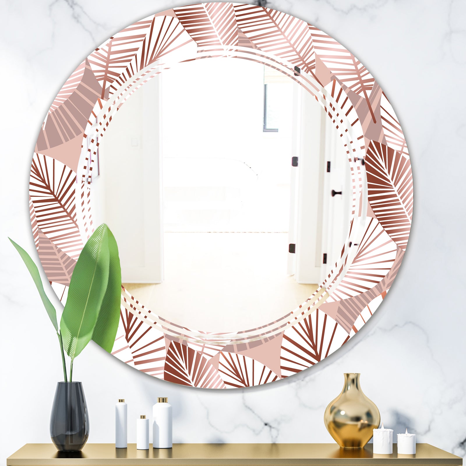 Golden Tropical Pattern IV - Modern Round or Oval Wall Mirror - Triple C