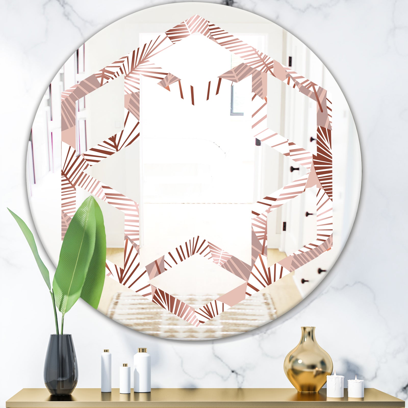 Golden Tropical Pattern IV - Modern Round or Oval Wall Mirror - Hexagon Star