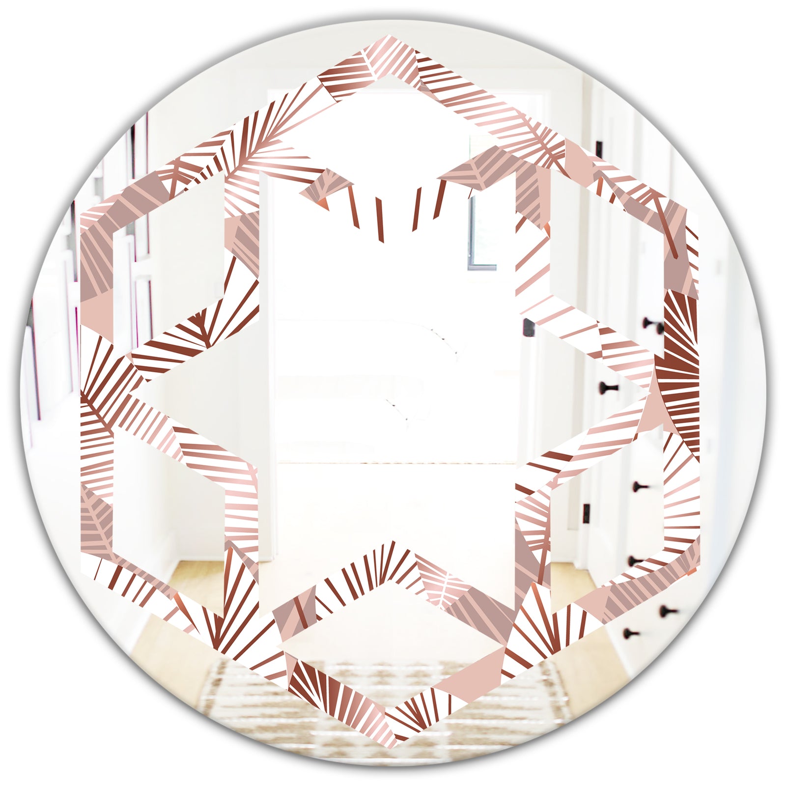 Golden Tropical Pattern IV - Modern Round or Oval Wall Mirror - Hexagon Star