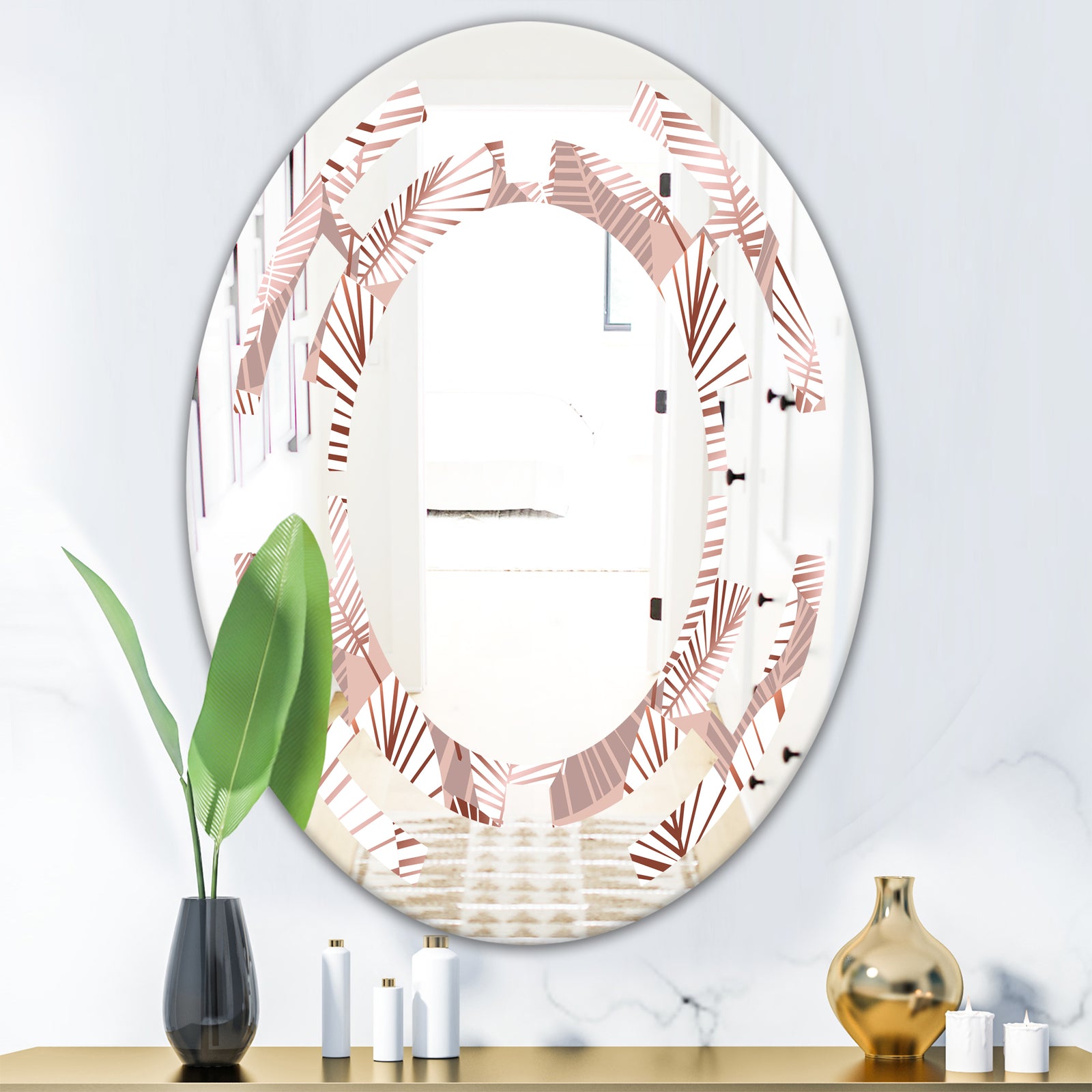 Golden Tropical Pattern IV - Modern Round or Oval Wall Mirror - Space