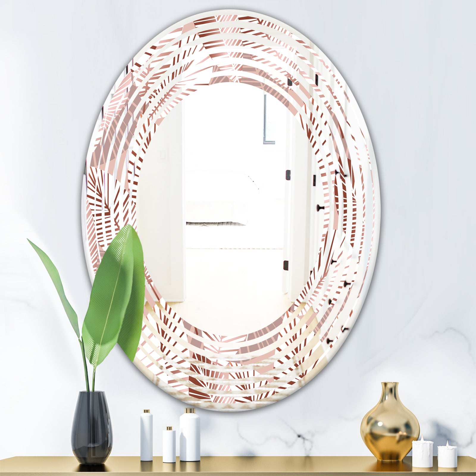 Golden Tropical Pattern IV - Modern Round or Oval Wall Mirror - Wave