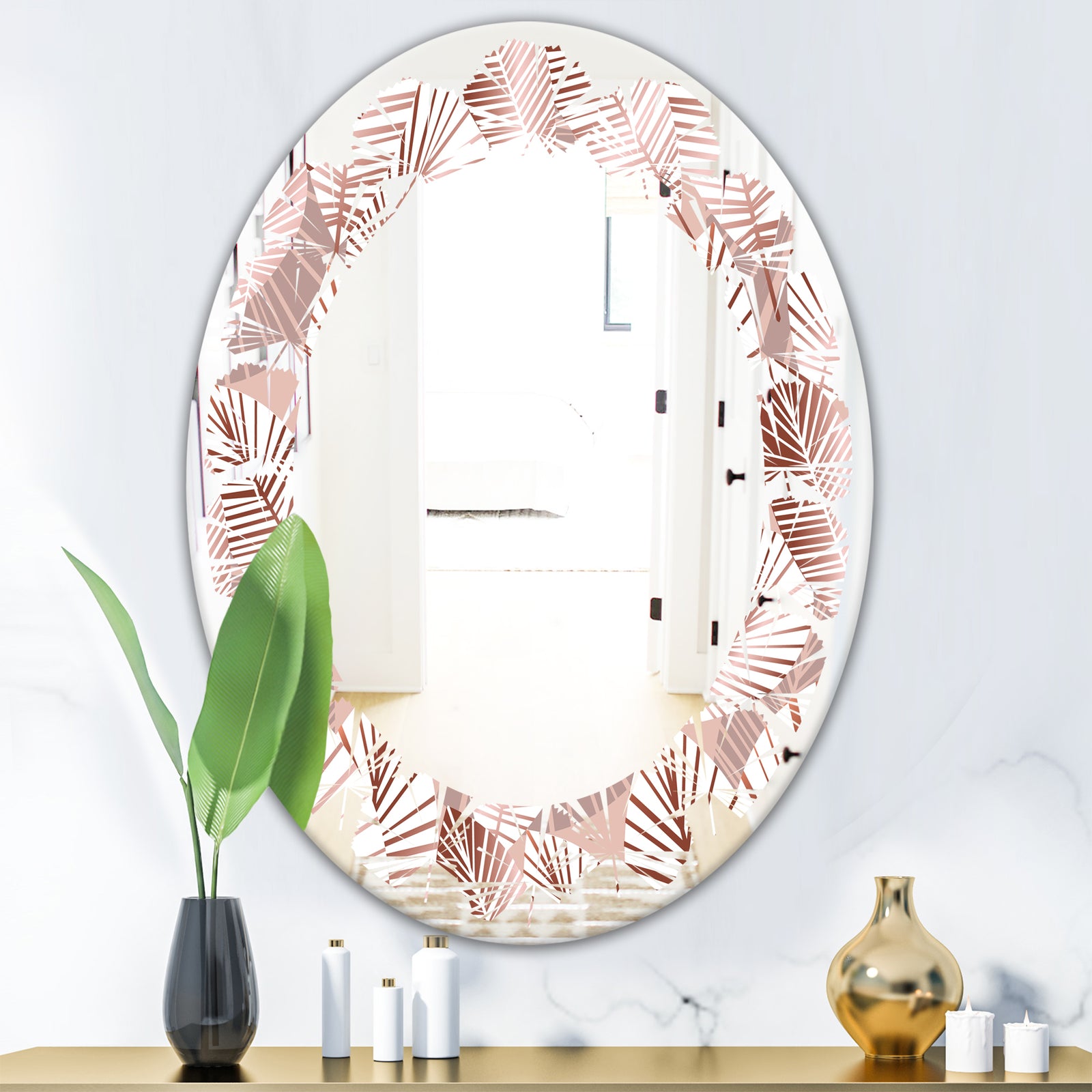 Golden Tropical Pattern IV - Modern Round or Oval Wall Mirror - Leaves