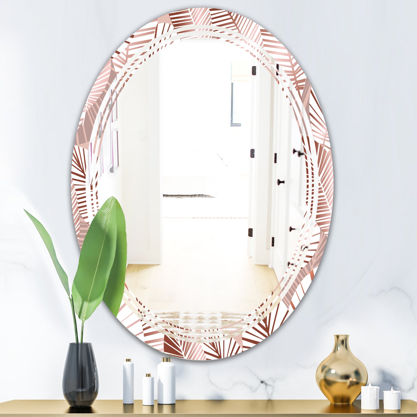 Golden Tropical Pattern IV - Modern Round or Oval Wall Mirror - Triple C