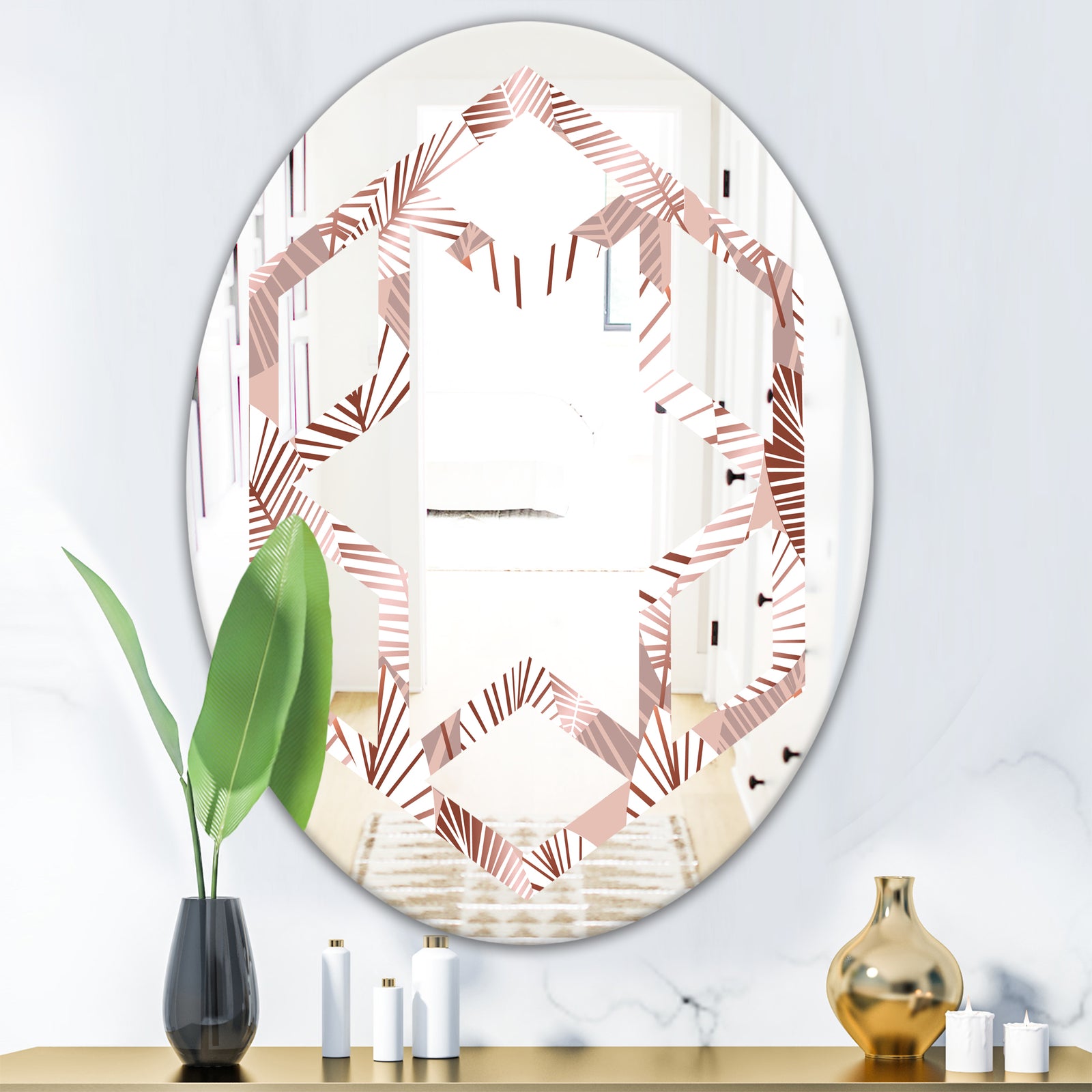 Golden Tropical Pattern IV - Modern Round or Oval Wall Mirror - Hexagon Star