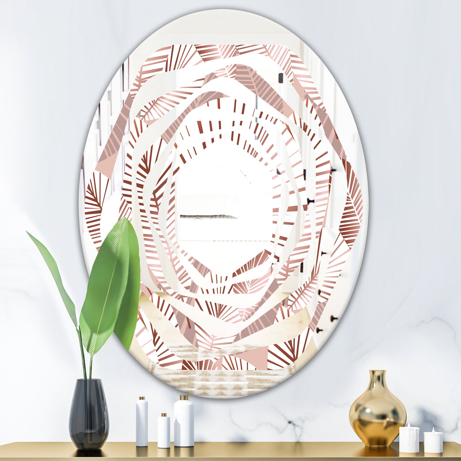 Golden Tropical Pattern IV - Modern Round or Oval Wall Mirror - Whirl