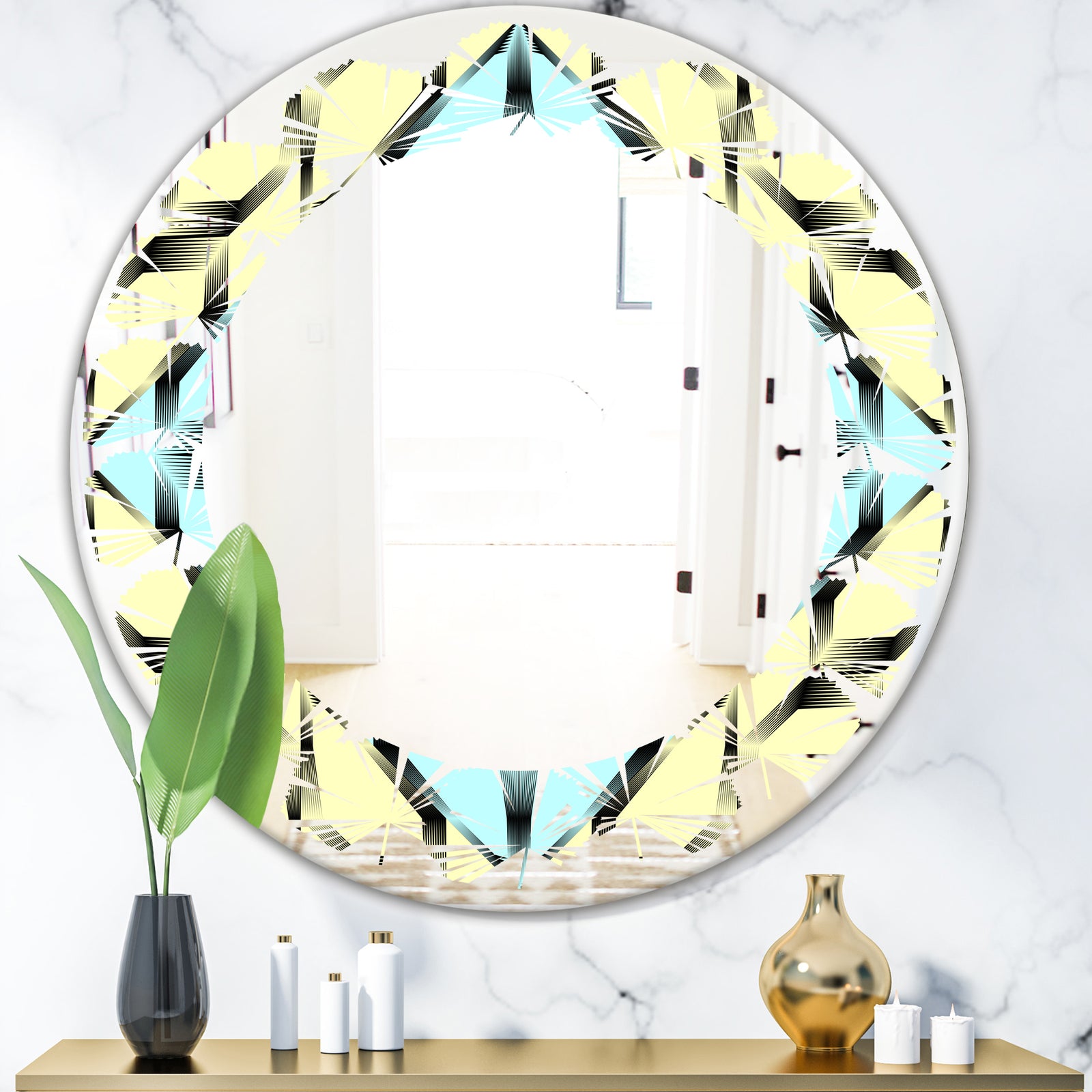 Black and White Fashion Ornament - Modern Round or Oval Wall Mirror - Leaves