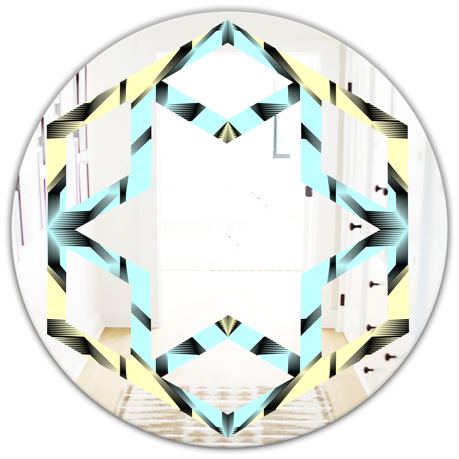 Black and White Fashion Ornament - Modern Round or Oval Wall Mirror - Hexagon Star
