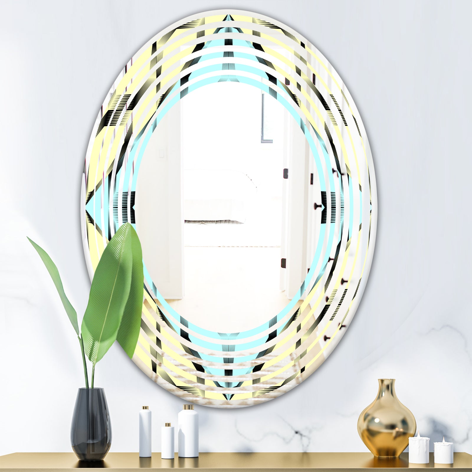 Black and White Fashion Ornament - Modern Round or Oval Wall Mirror - Wave