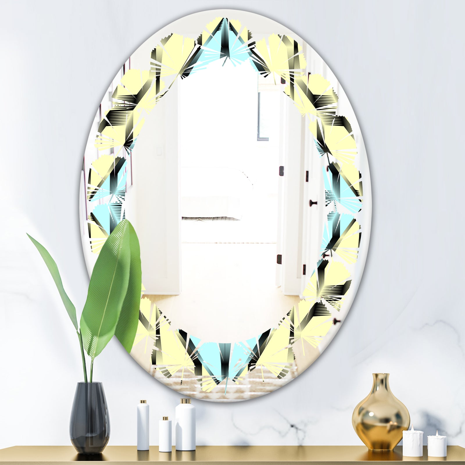 Black and White Fashion Ornament - Modern Round or Oval Wall Mirror - Leaves