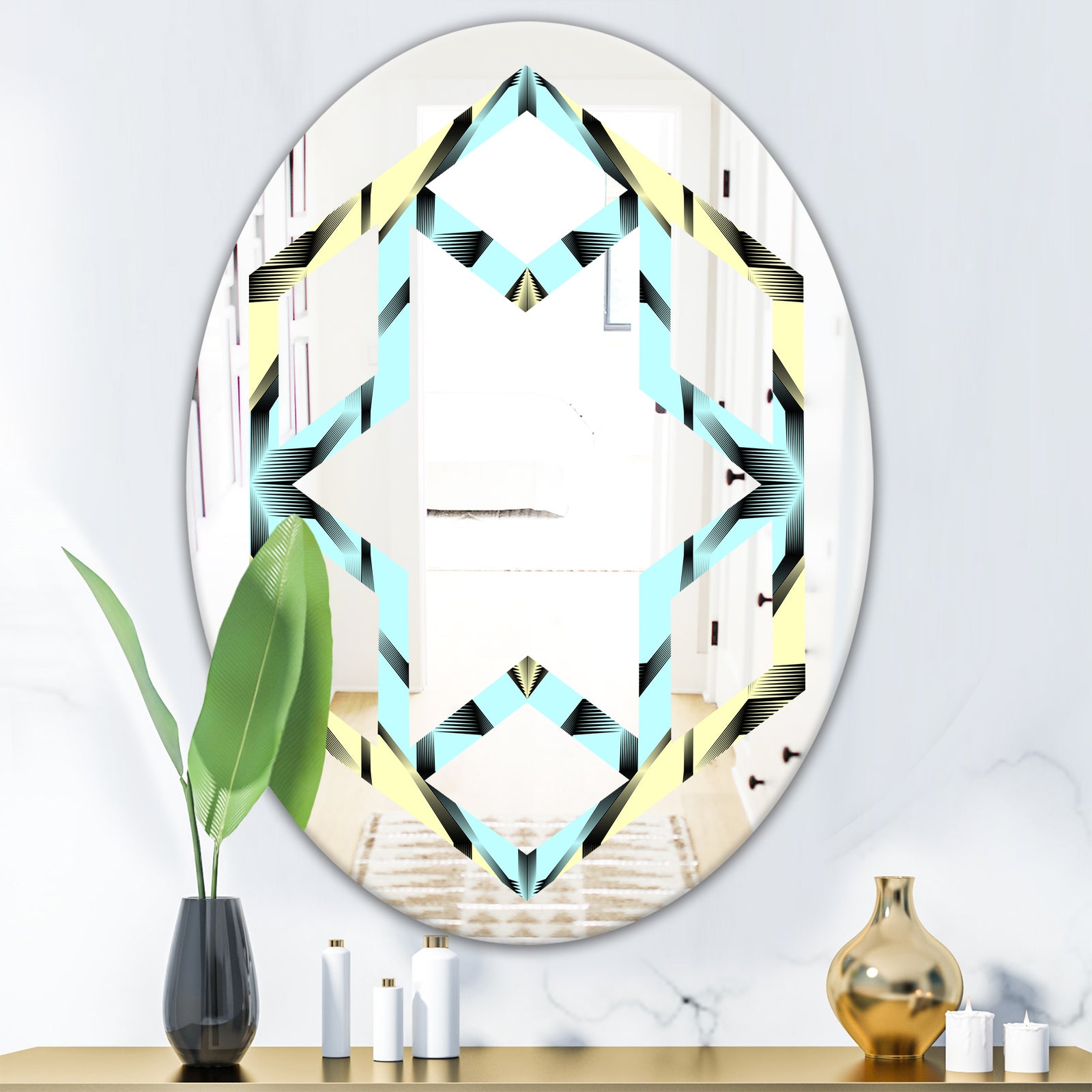 Black and White Fashion Ornament - Modern Round or Oval Wall Mirror - Hexagon Star