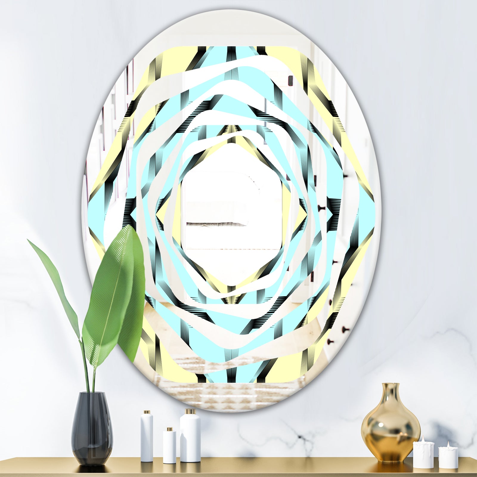 Black and White Fashion Ornament - Modern Round or Oval Wall Mirror - Whirl
