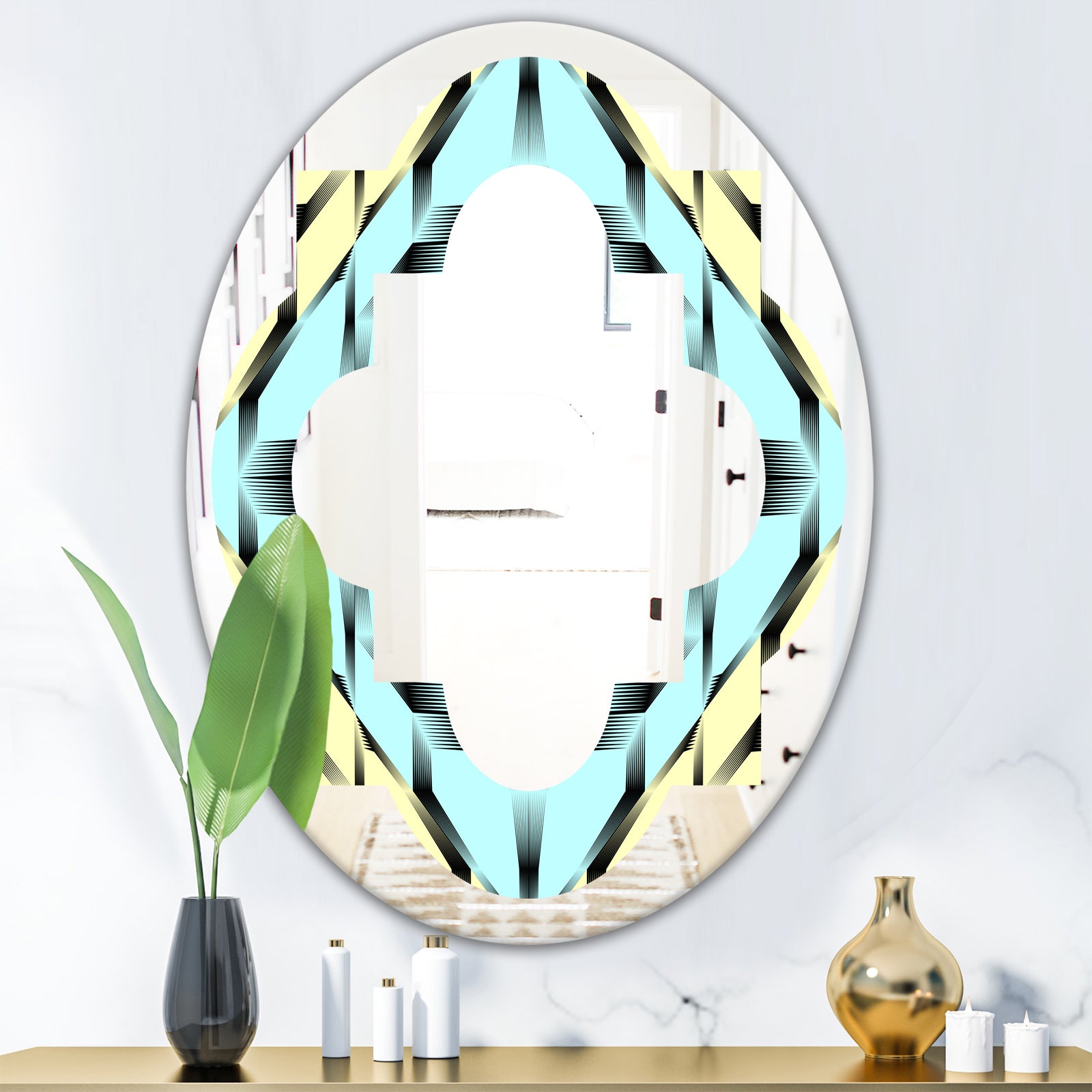 Black and White Fashion Ornament - Modern Round or Oval Wall Mirror - Quatrefoil