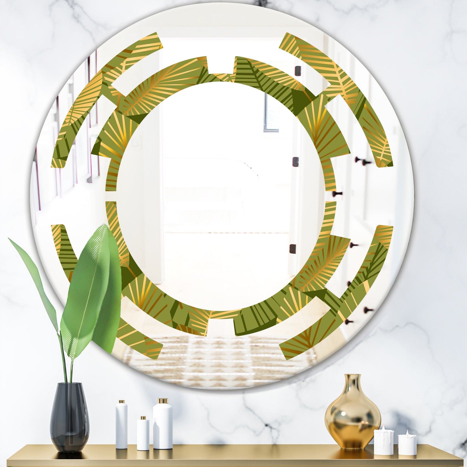 Golden Leaves I - Modern Round or Oval Wall Mirror - Space