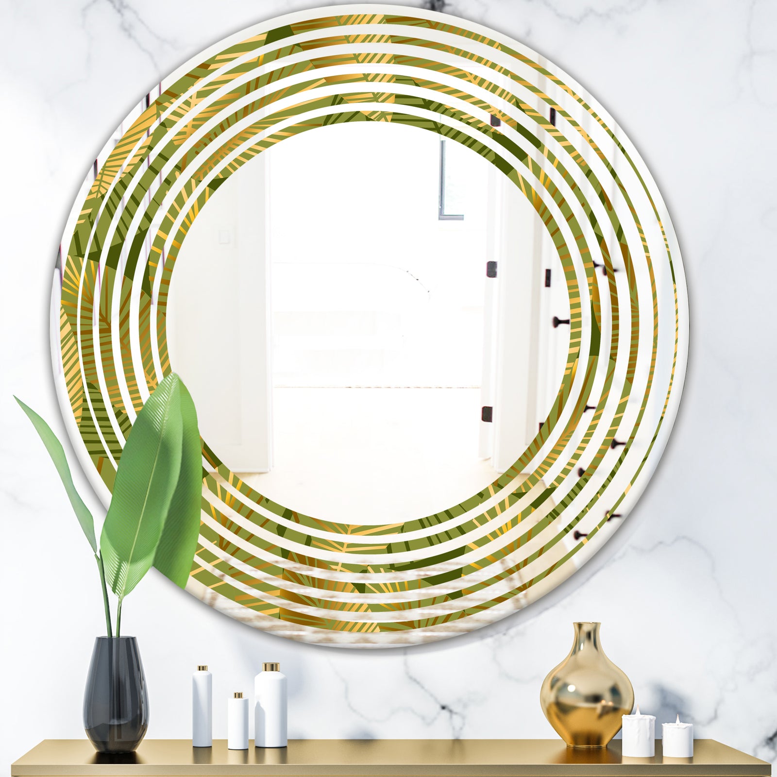 Golden Leaves I - Modern Round or Oval Wall Mirror - Wave