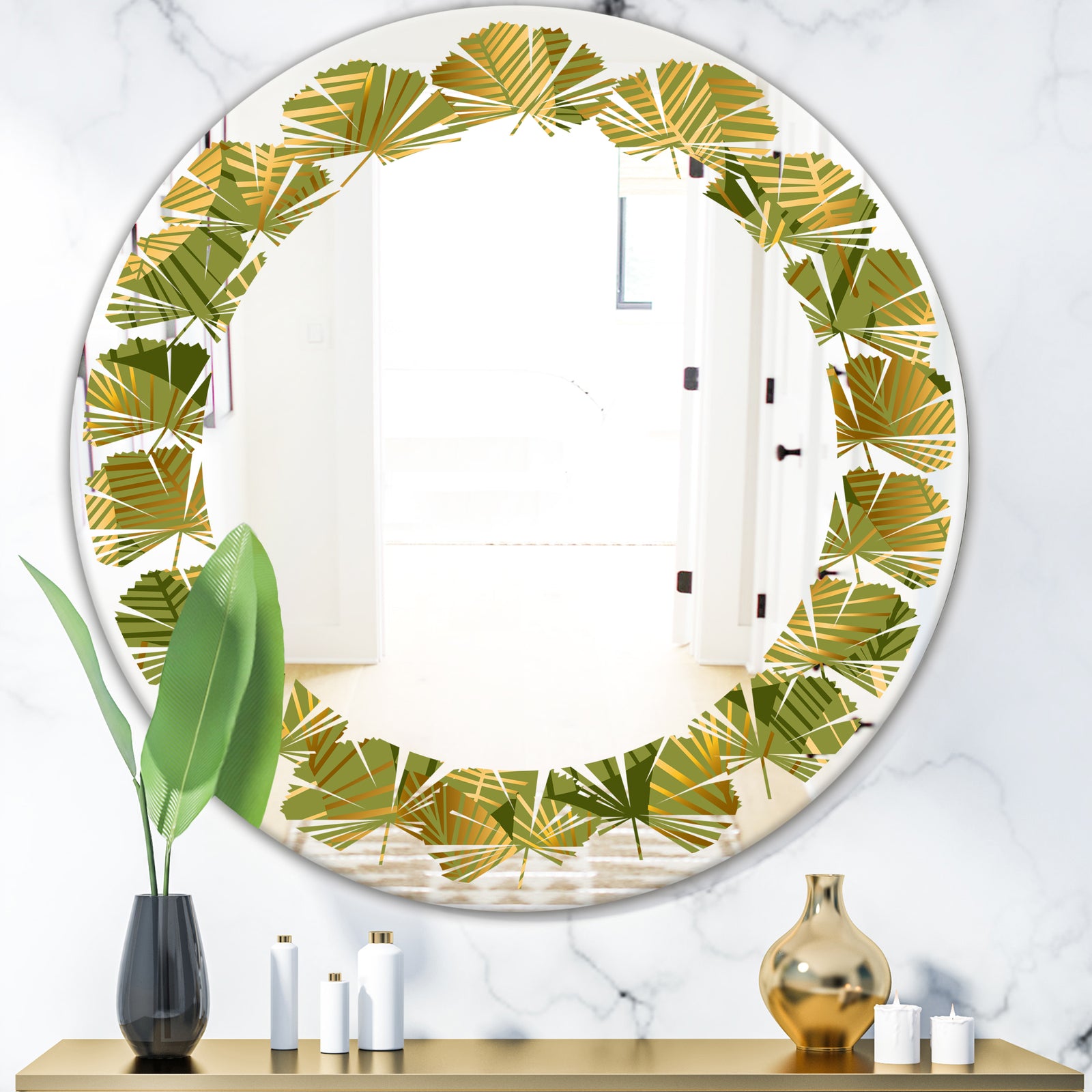 Golden Leaves I - Modern Round or Oval Wall Mirror - Leaves