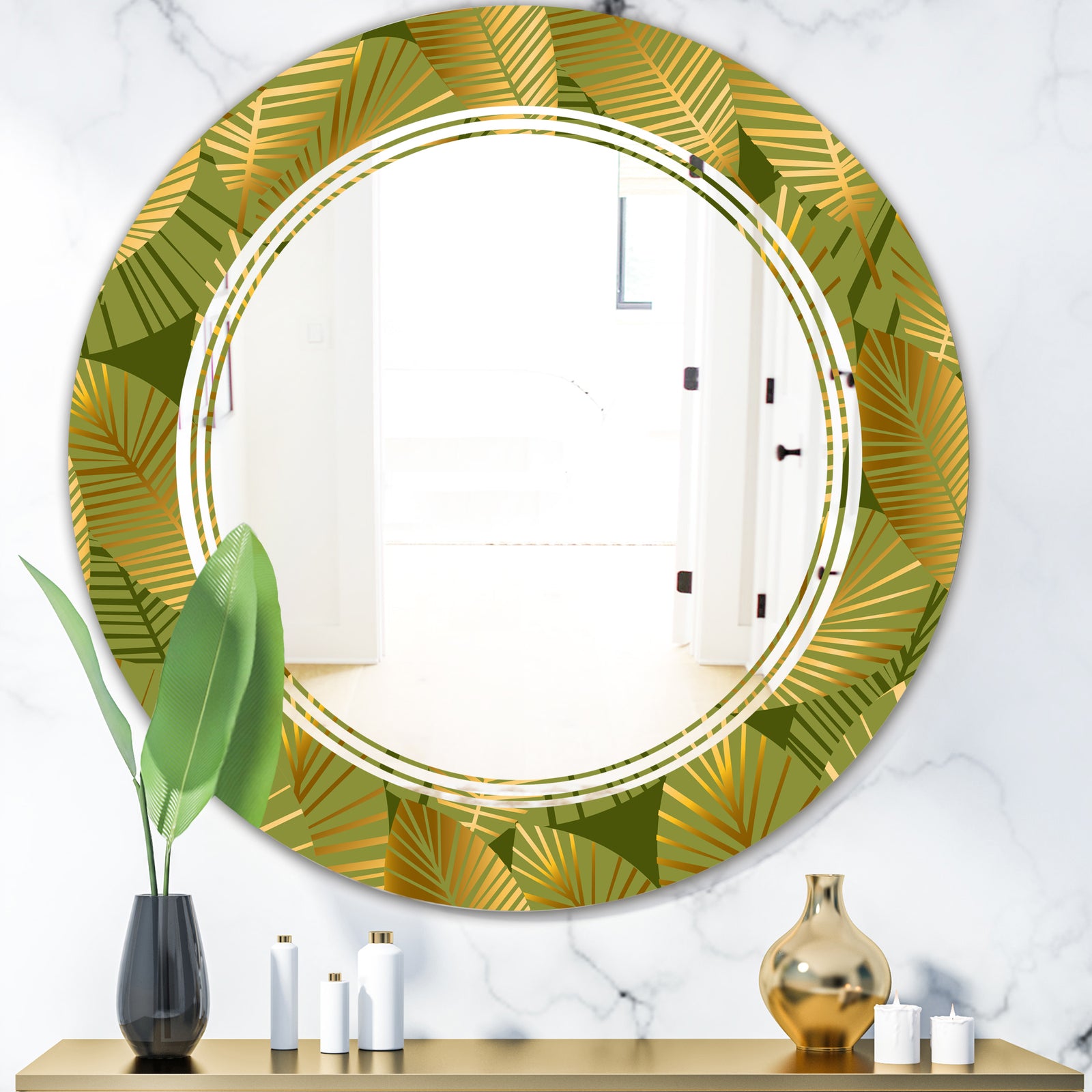 Golden Leaves I - Modern Round or Oval Wall Mirror - Triple C