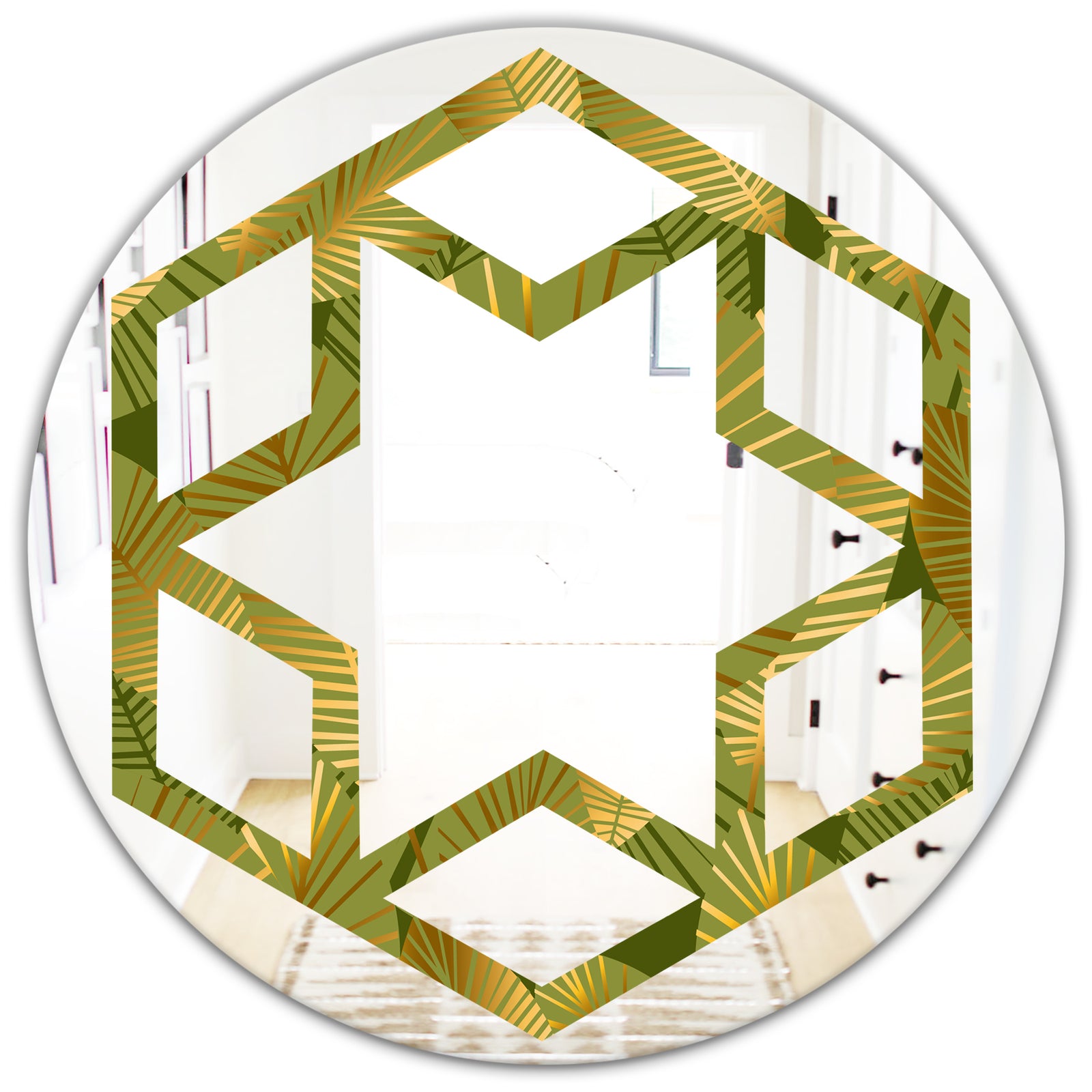 Golden Leaves I - Modern Round or Oval Wall Mirror - Hexagon Star